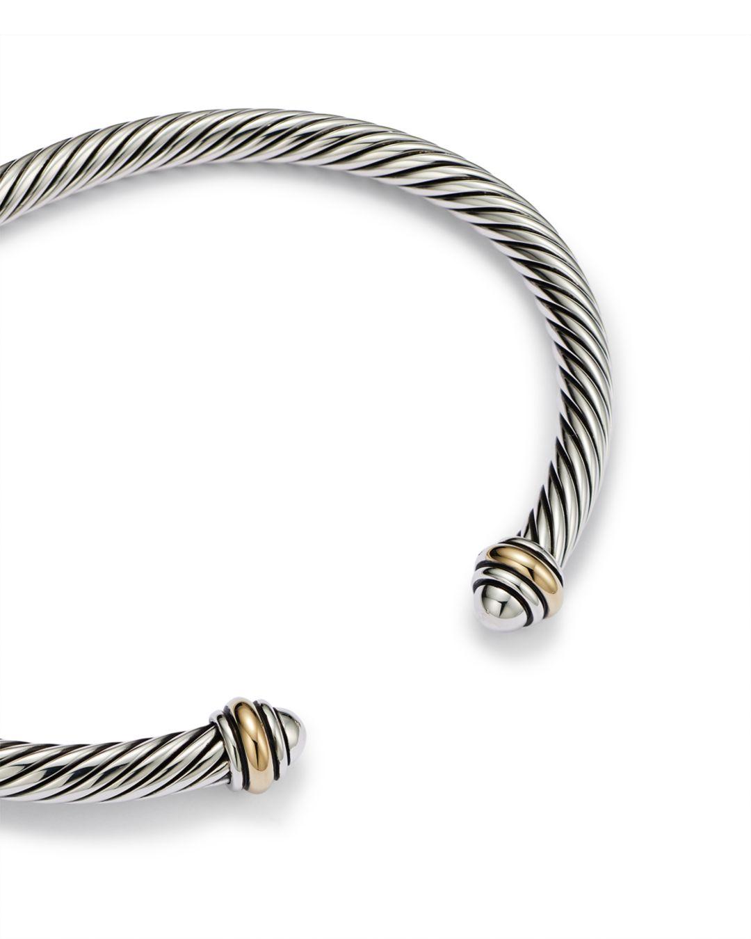 $395 David Yurman Sterling Silver 925 4mm Cable Classics Bracelet with 18K Gold 