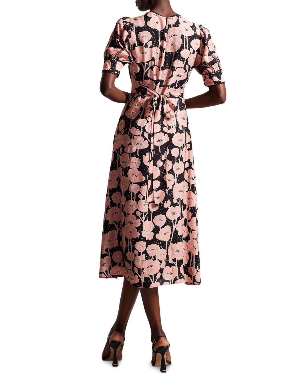 Ted Baker Astrydd Floral Print Puff Sleeve Midi Dress in Brown | Lyst