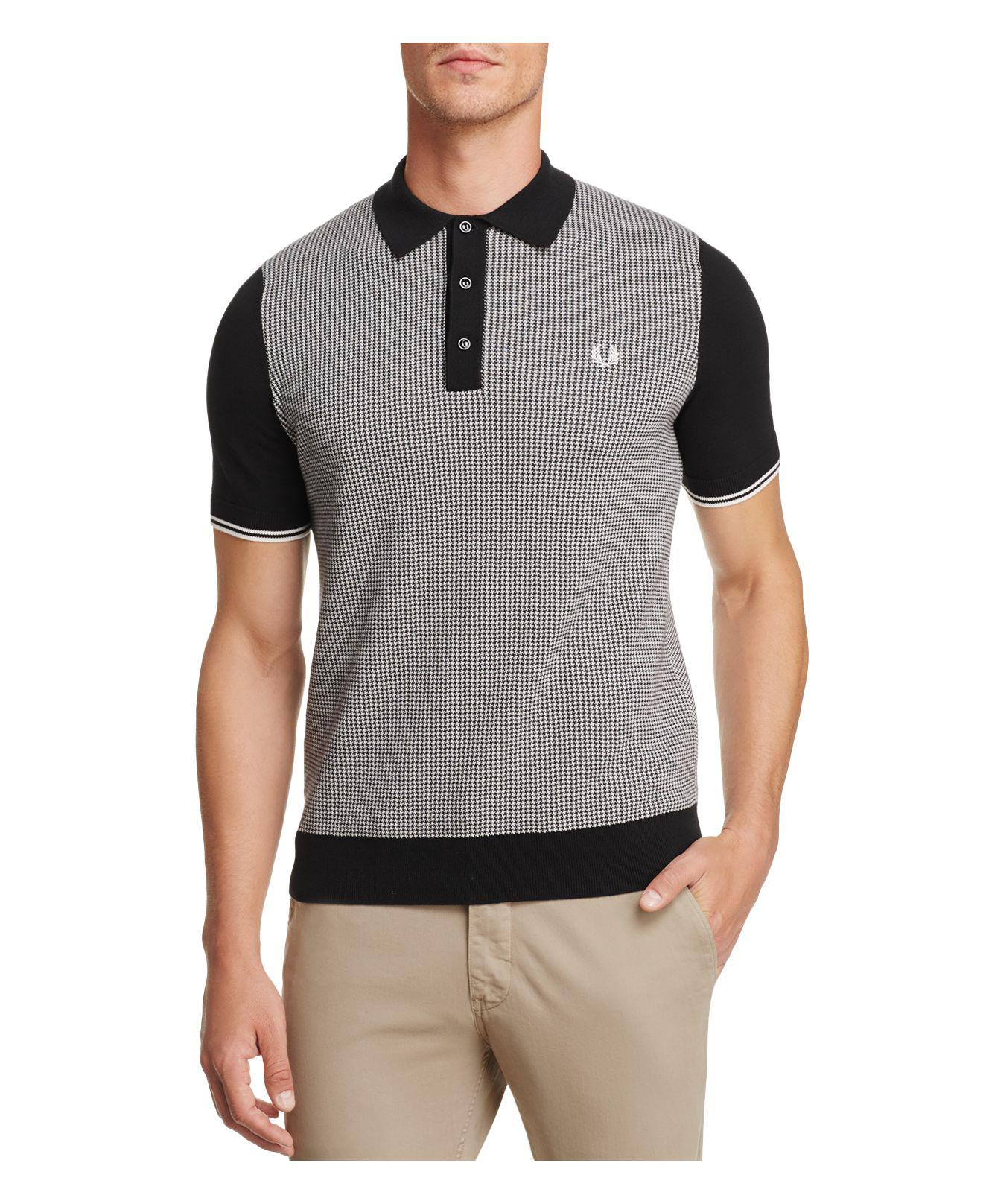 Fred Perry Houndstooth Knit Short Sleeve Polo Shirt in Black for Men
