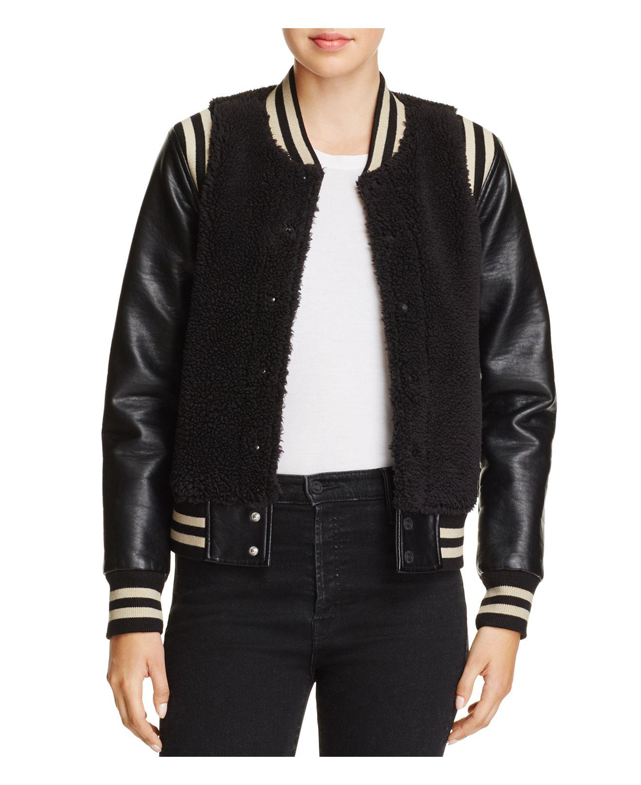 Lyst Mother Letterman Faux Leather & Sherpa Baseball Jacket in Black