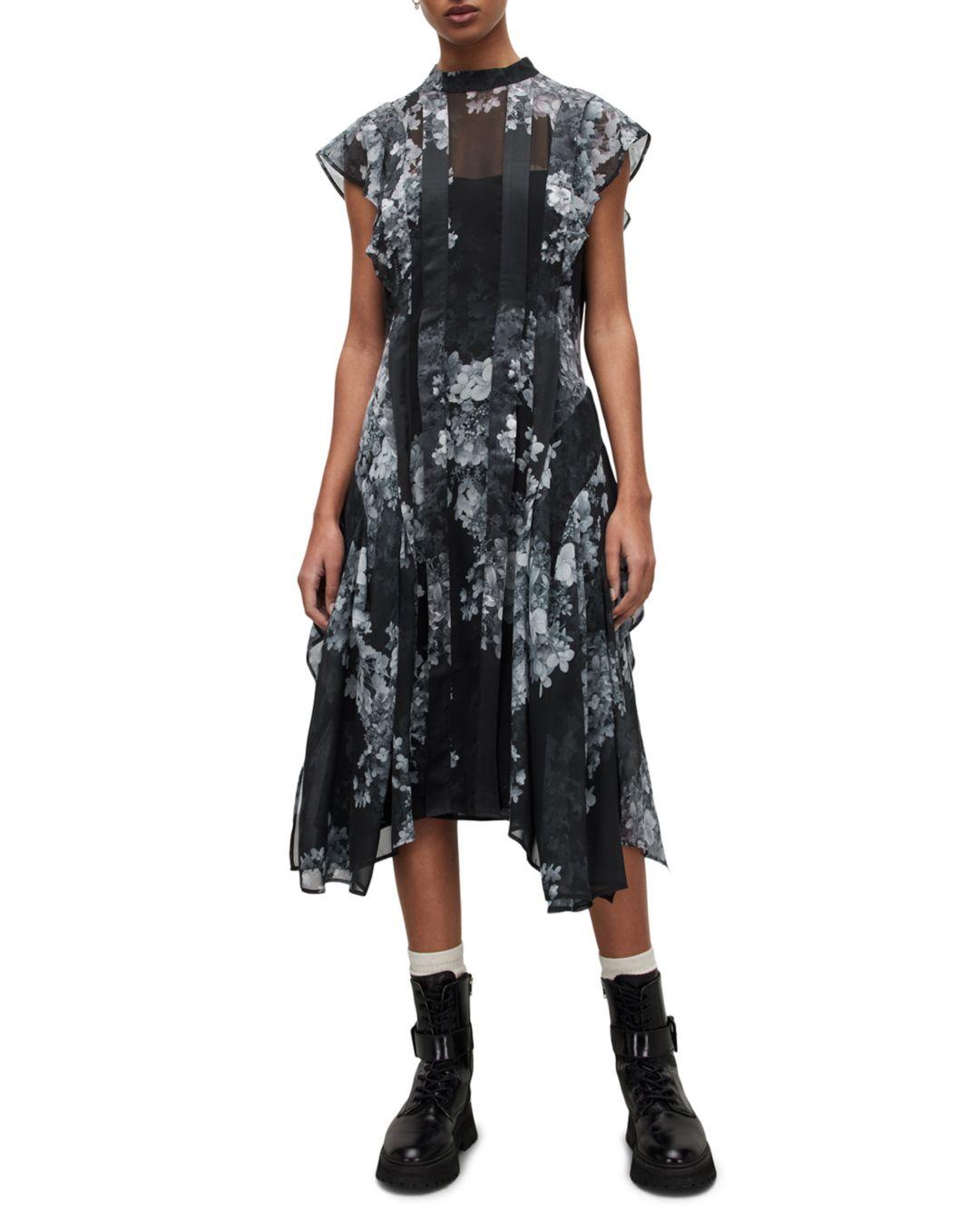 AllSaints Freya Venetia Mesh Midi Dress in Black | Lyst