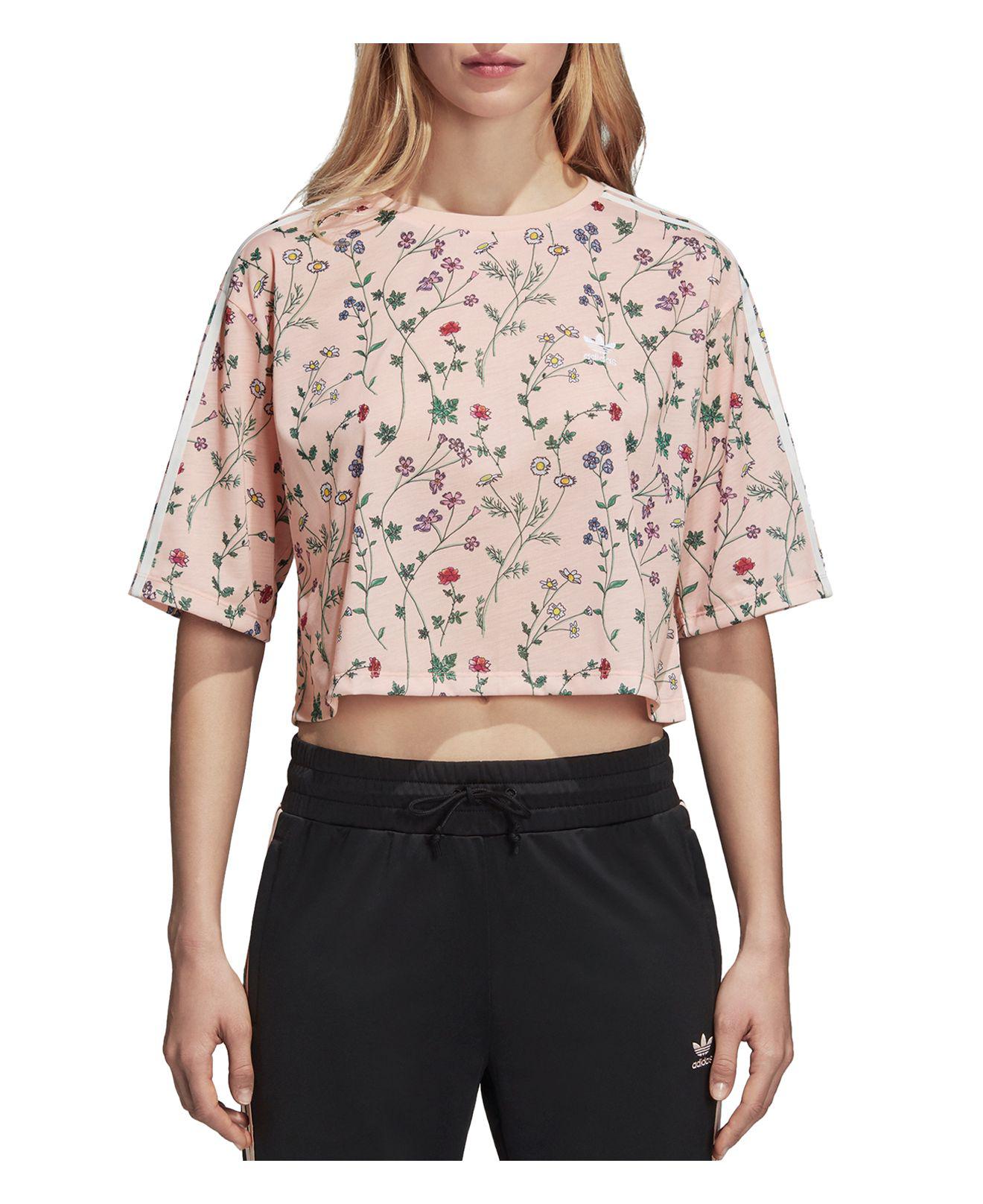 adidas Originals Floral Print Cropped Tee in Pink | Lyst