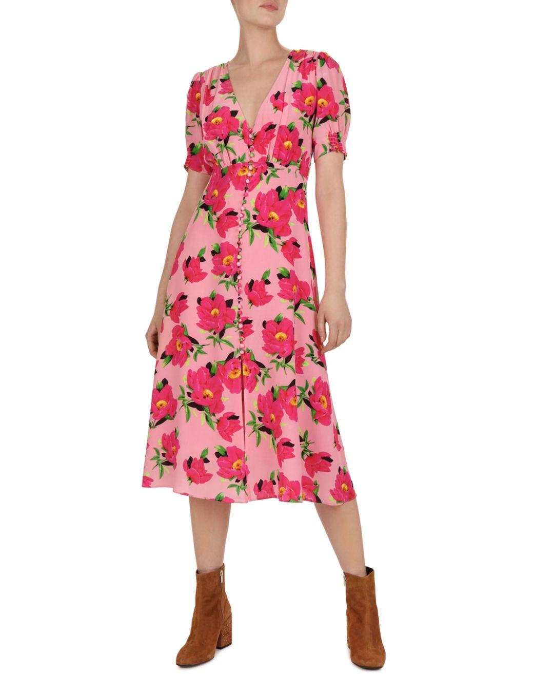 The Kooples Floral - Print Silk Midi Dress in Pink - Lyst