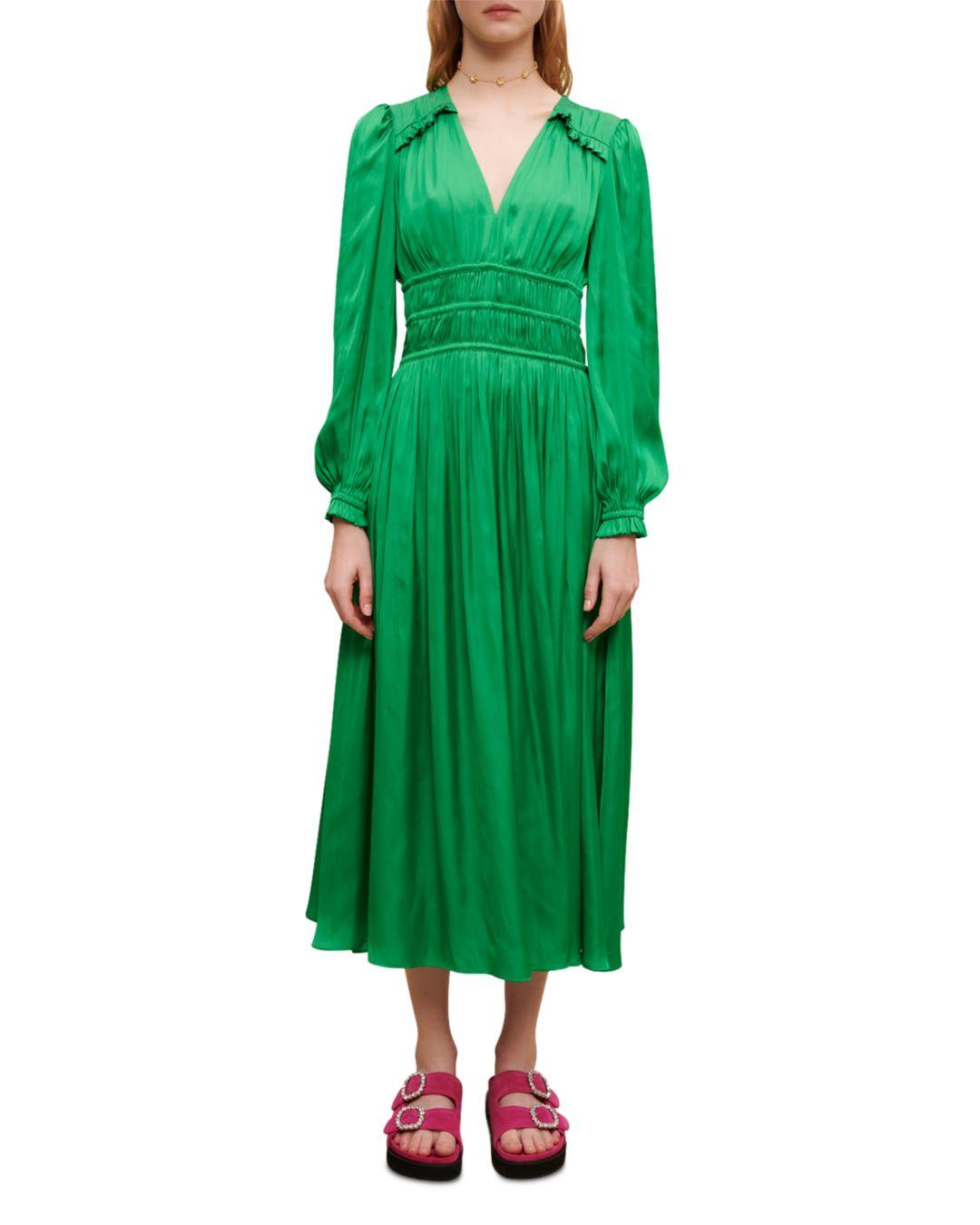 Maje Riannette Smocked Midi Dress in Green | Lyst