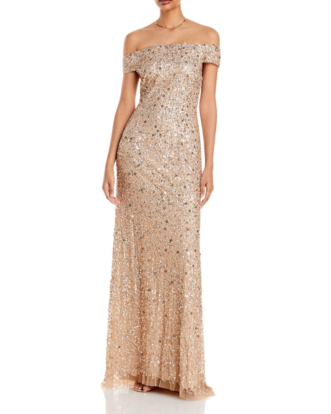 Adrianna Papell Off - The - Shoulder Sequined Gown in Champagne (Metallic)  | Lyst