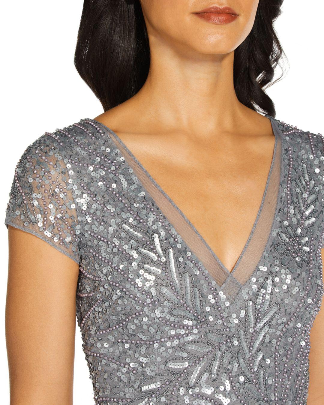 Adrianna Papell Chiffon Beaded V - Neck Mermaid Gown in Sterling (Gray) |  Lyst