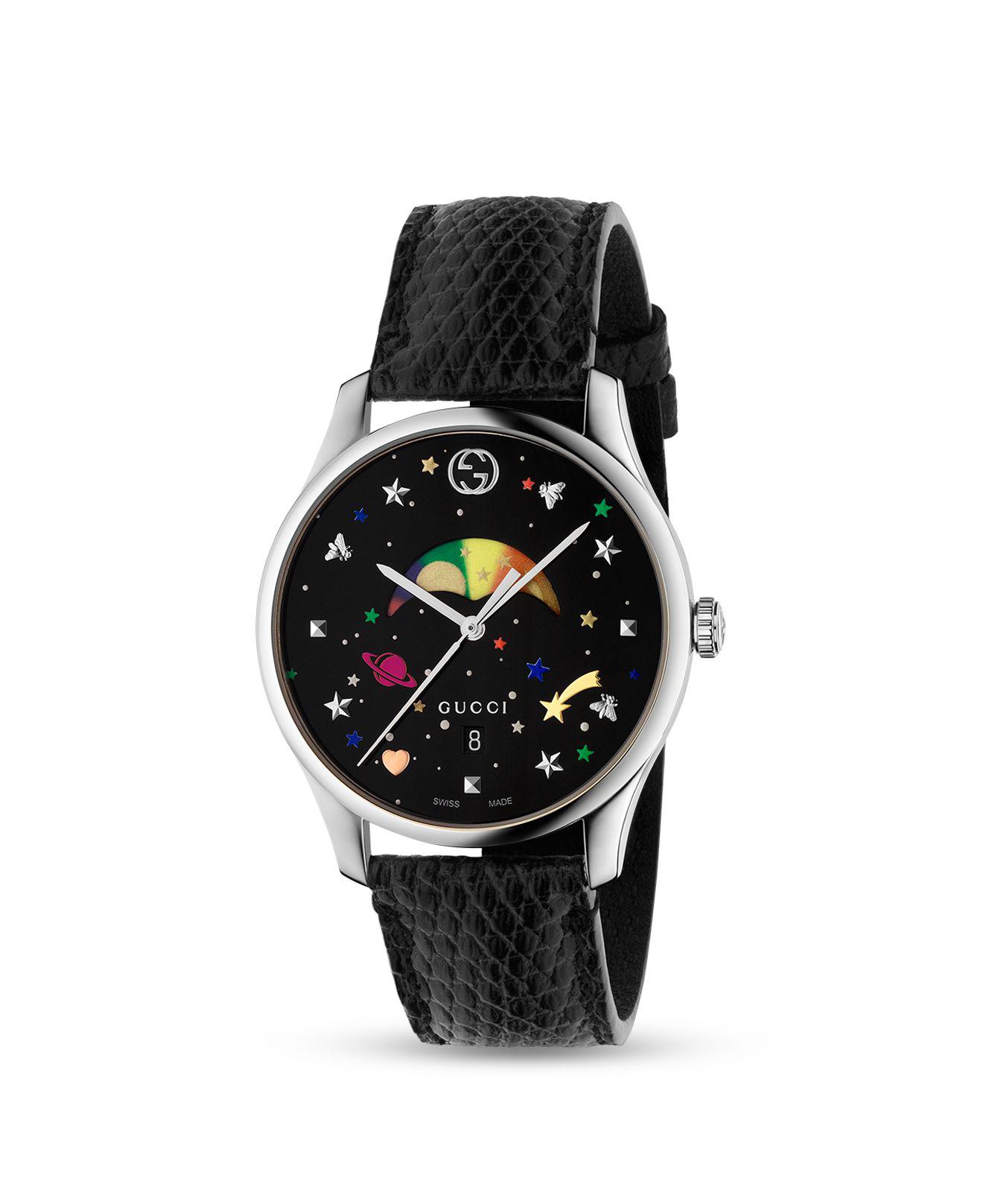 Gucci G-timeless Rainbow Moonphase Lizard Strap Watch in Black 