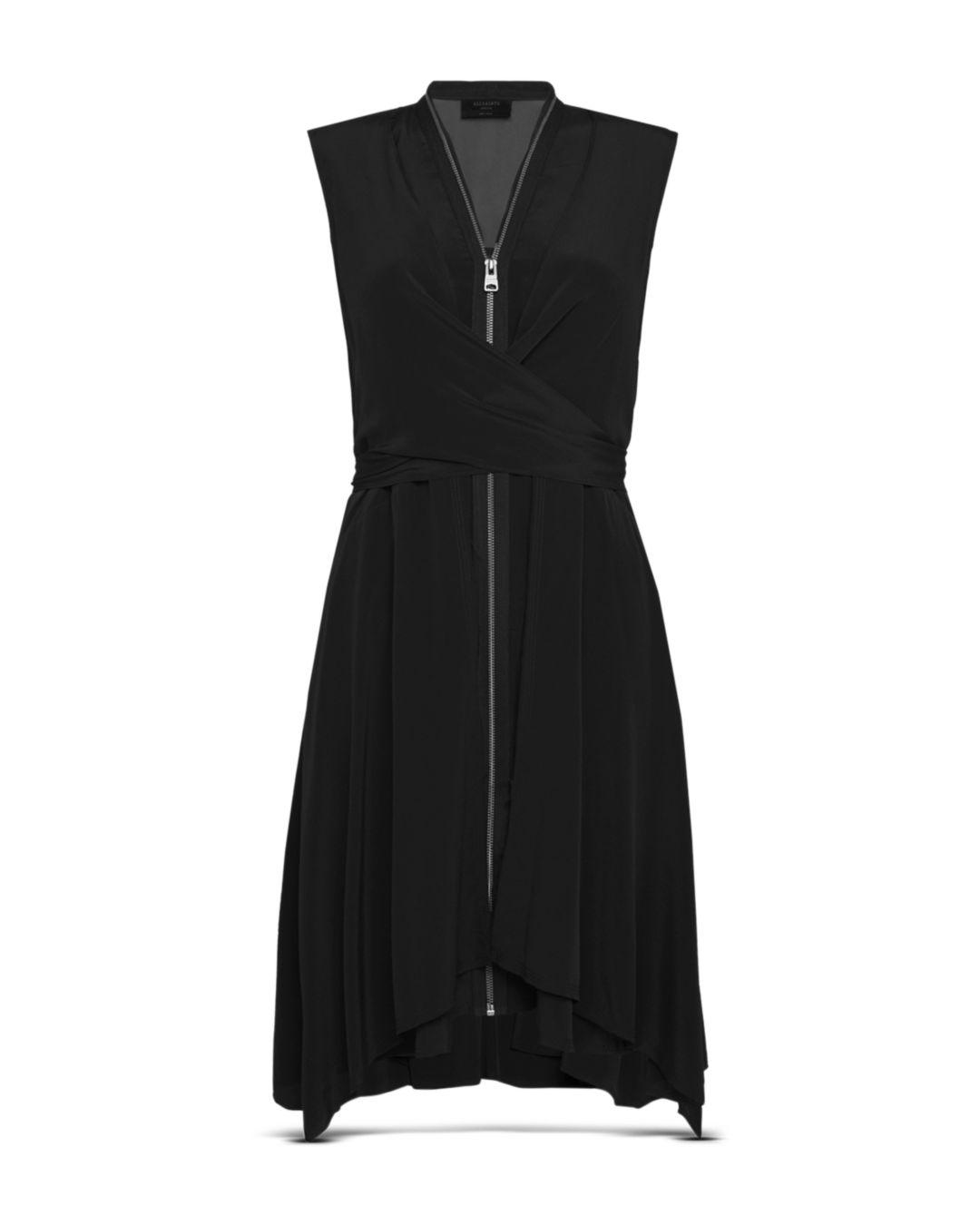AllSaints Jayda Zip Front Silk Dress in Black Lyst