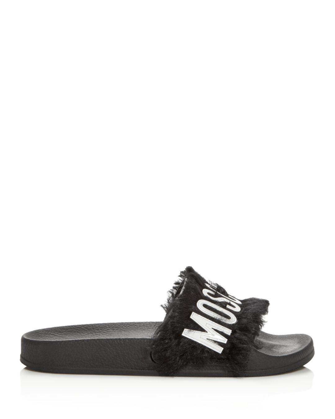 Faux-fur Pool Slide Sandals in Black 