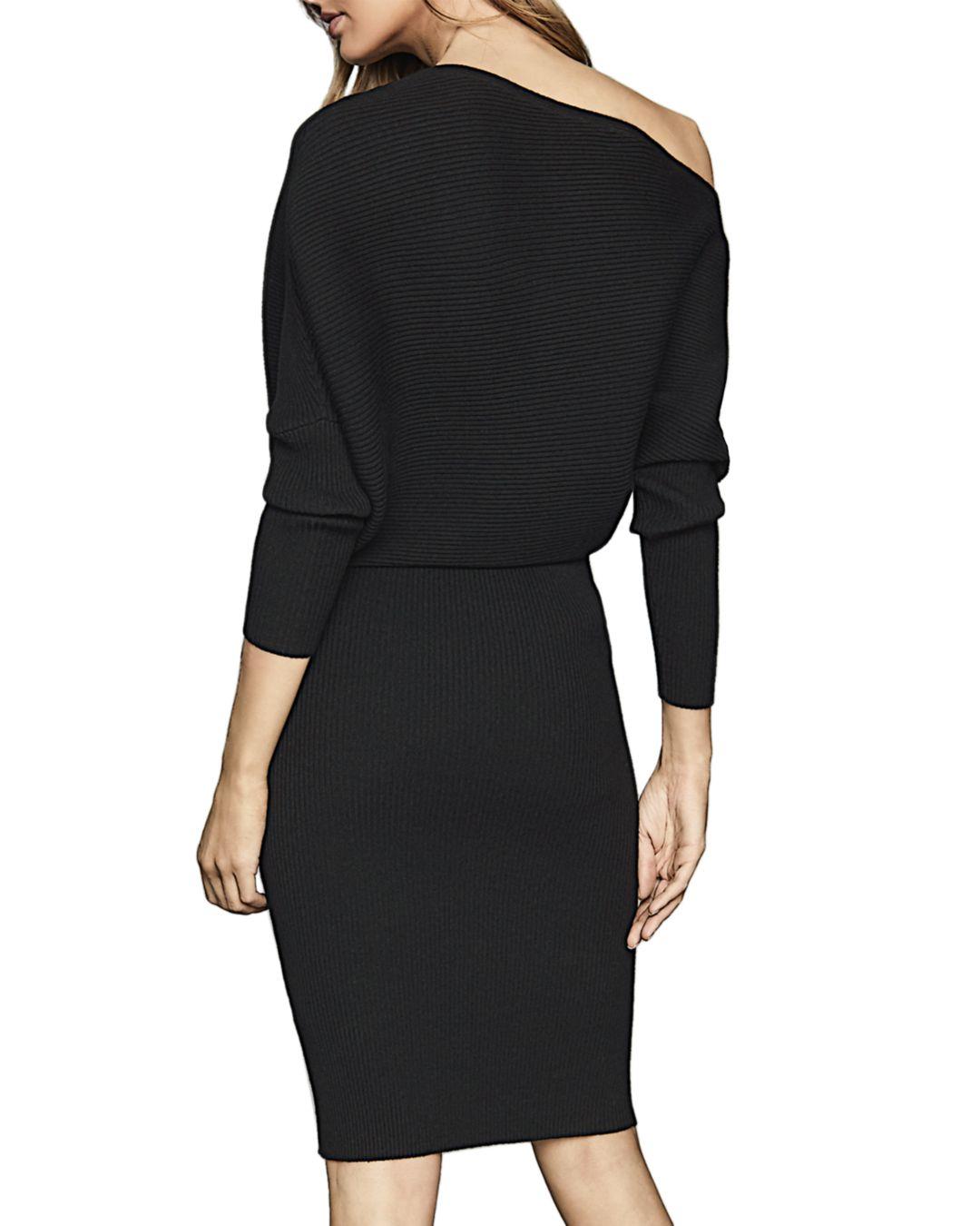Reiss Synthetic Lara Ribbed Off - The - Shoulder Bodycon Dress in Black - Lyst