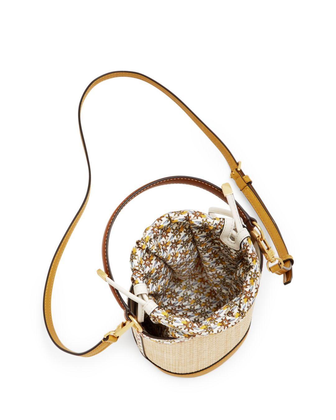 Tory Burch Robinson Straw Mini Bucket Bag in Natural | Lyst