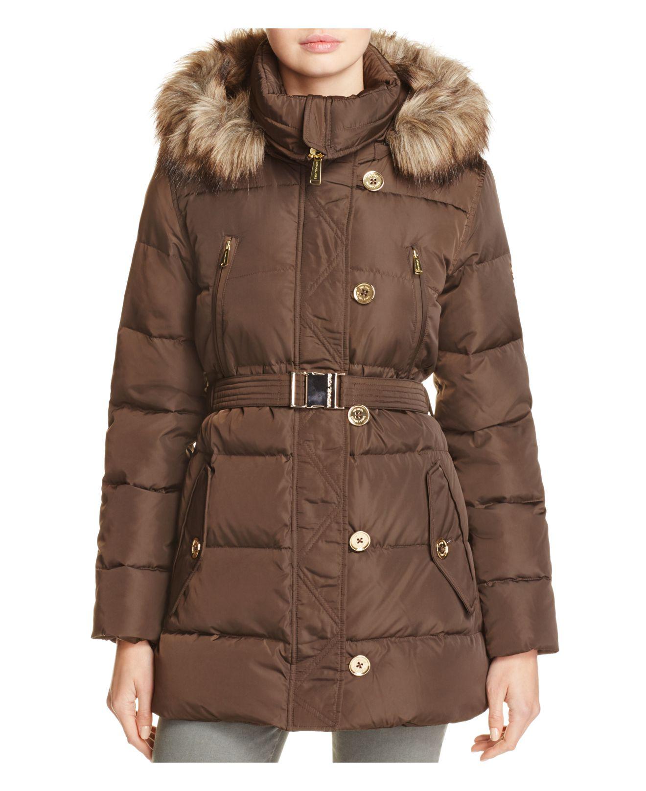 MICHAEL Michael Kors Faux Fur Belted Puffer Coat in Brown | Lyst