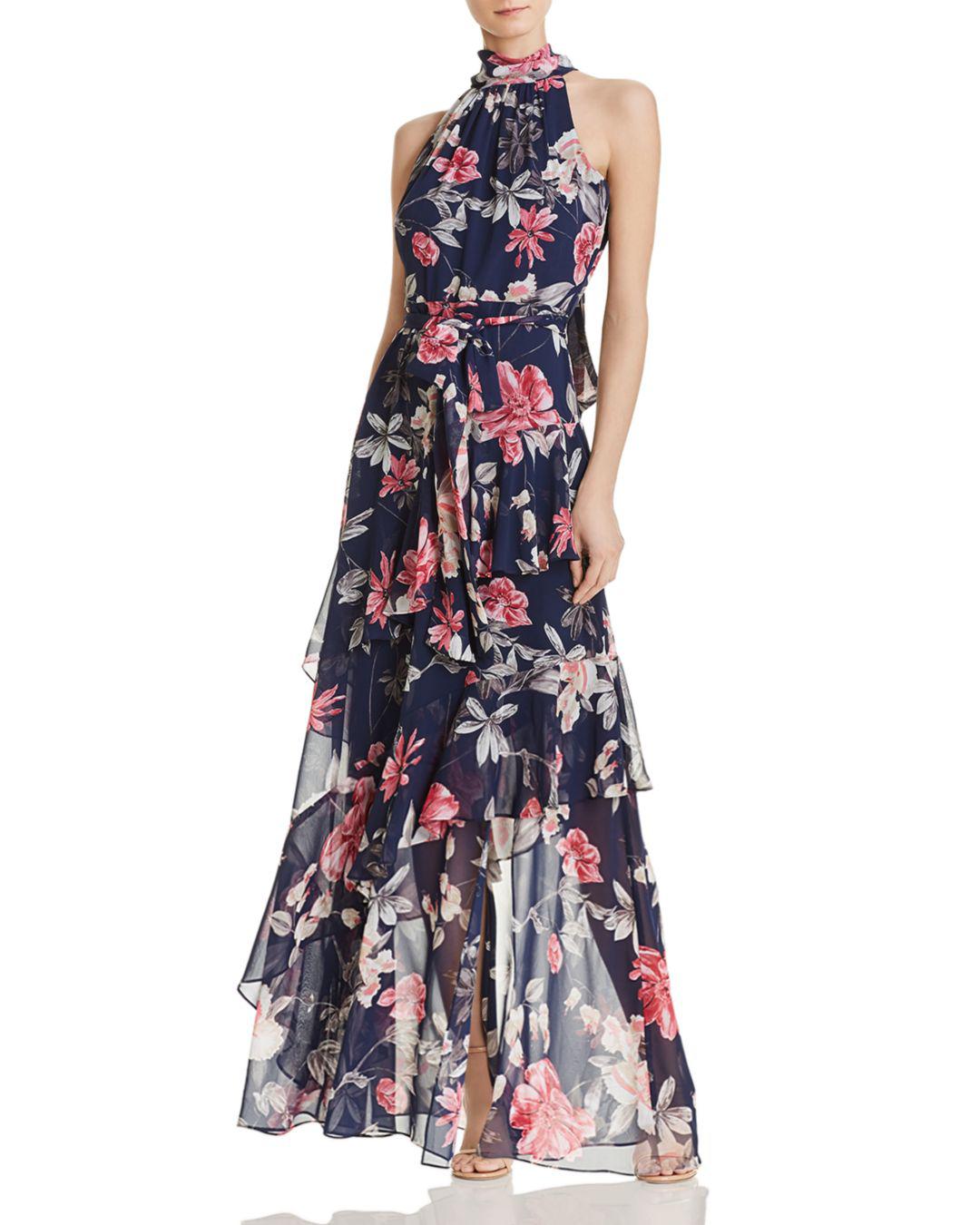 Eliza J Tiered Floral Gown in Navy/Pink 