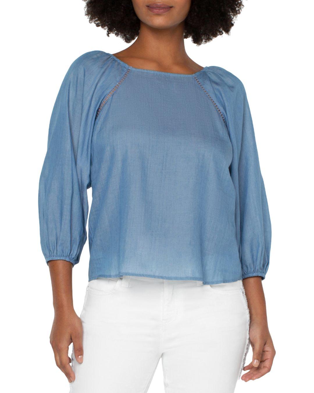 Liverpool Los Angeles Chambray Puff Sleeve Top in Blue | Lyst