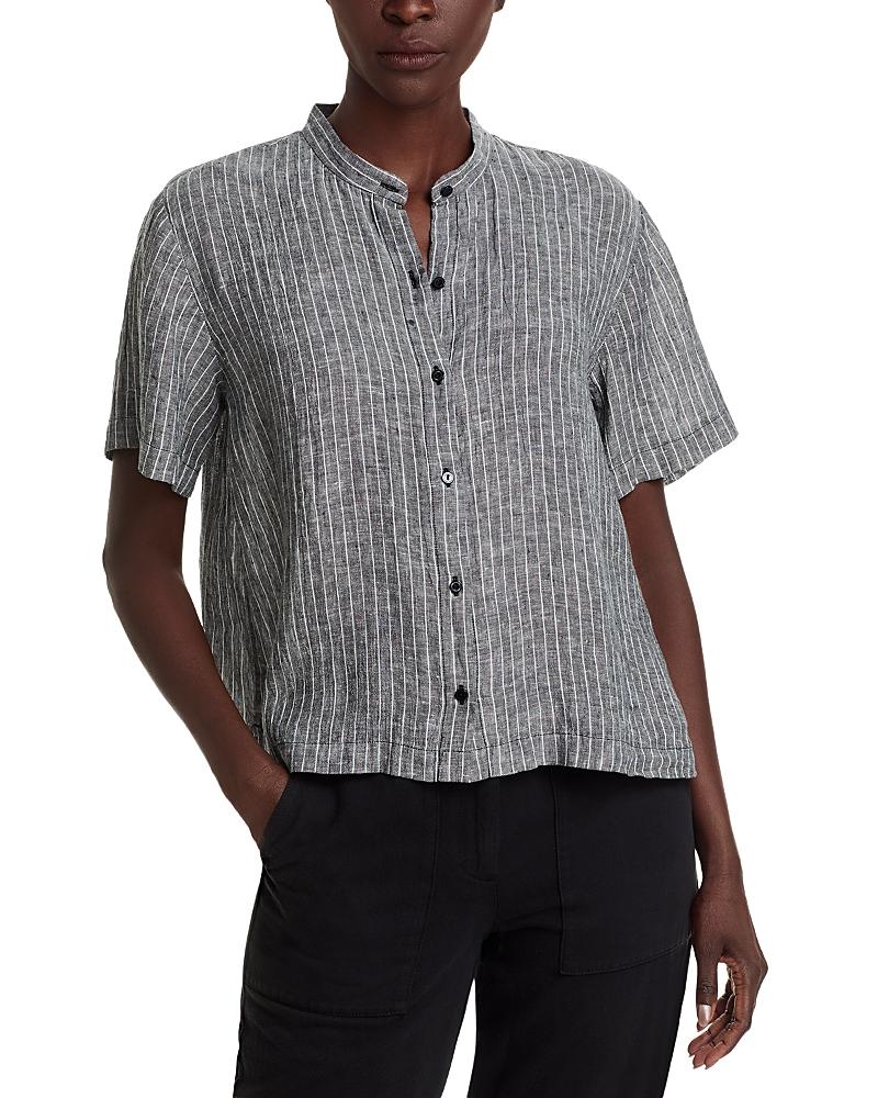 Eileen Fisher  Mandarin Collar Short Sleeve Shirt レディース シャツ トップス Black Whit Designer Eileen Fisher Mandarin Collar Shirts for Women - Up