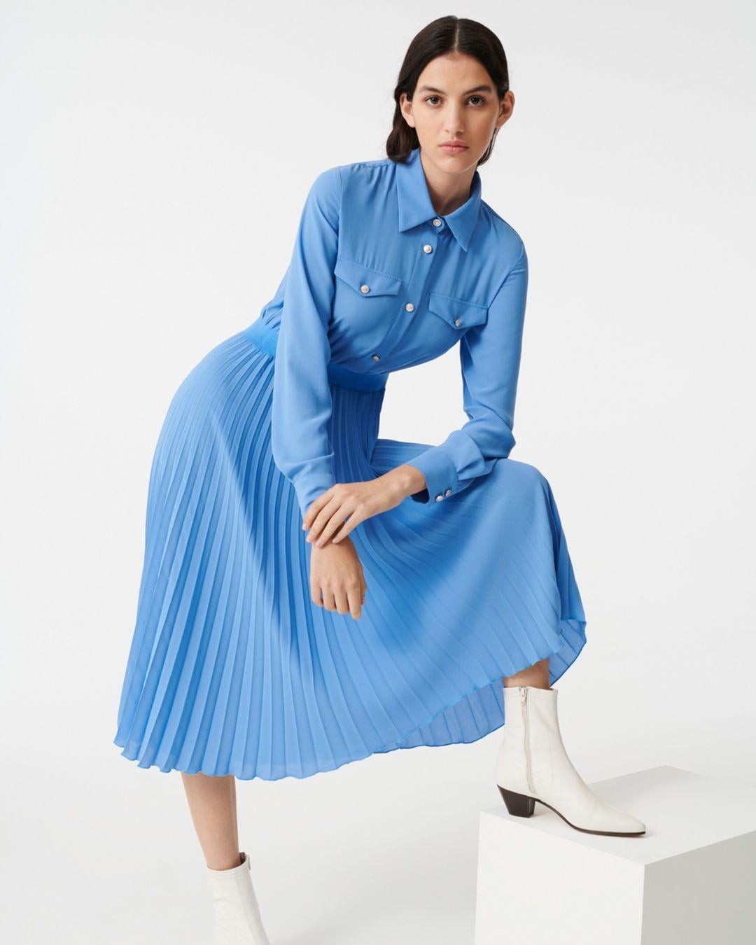 Maje Long Sleeve Pleated Skirt Dress in 