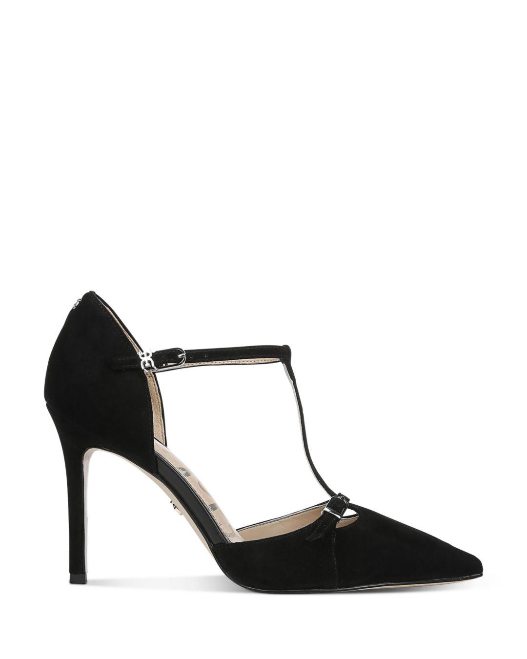 black suede t strap pumps