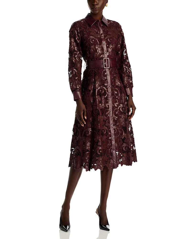 Tahari Chayenne Faux Leather Lace Midi Dress in Purple | Lyst Tahari Chayenne Faux Leather Lace Midi Dress in Purple | Lyst