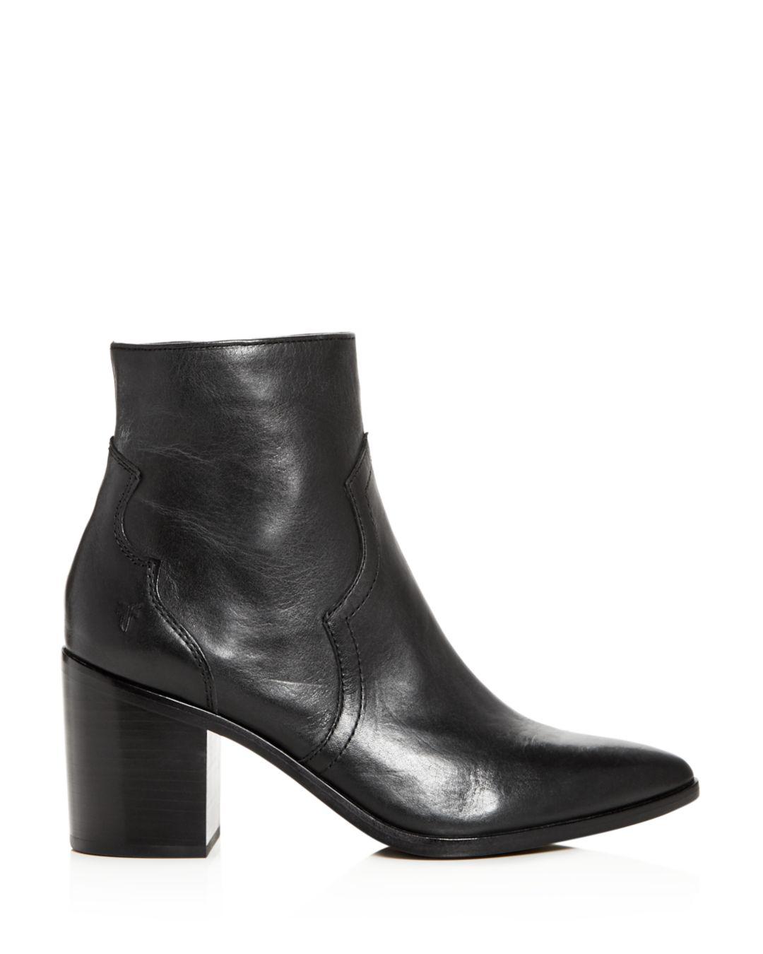 black leather booties with block heel