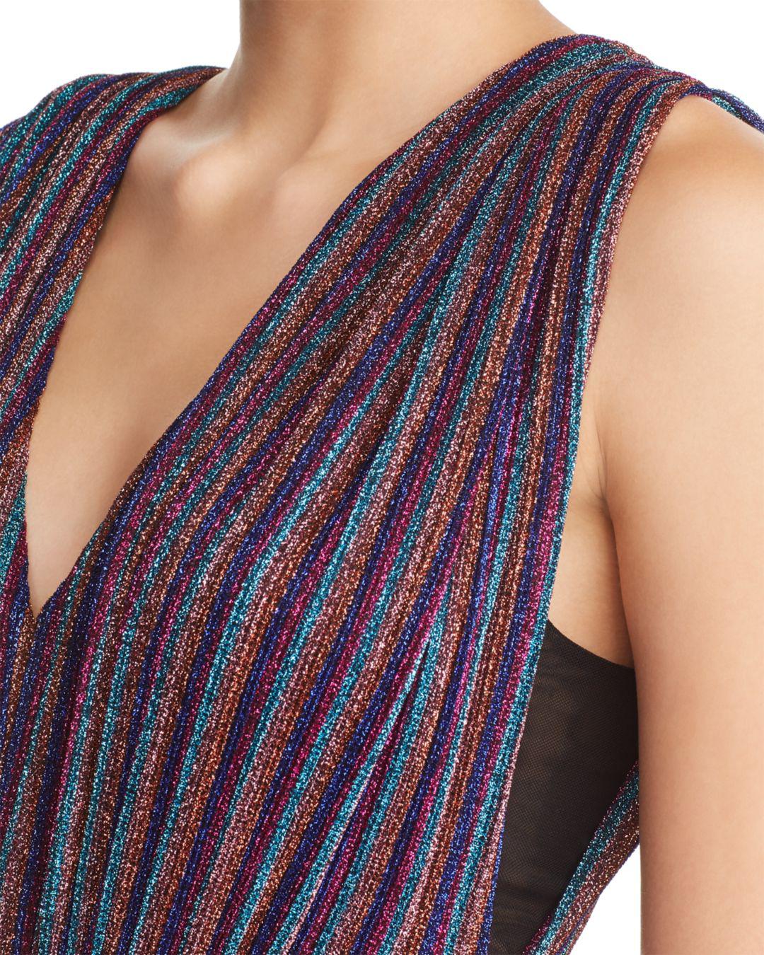bcbg metallic stripe pleated gown