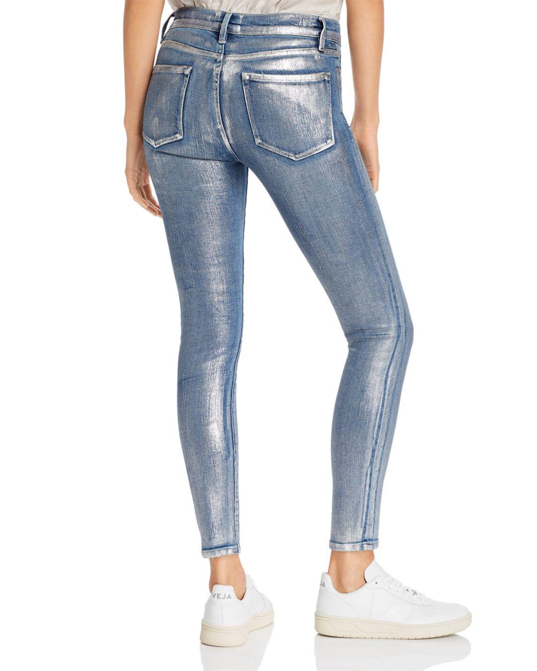 FRAME Le Skinny De Jeanne Metallic Jeans In Canon Foil in Blue | Lyst