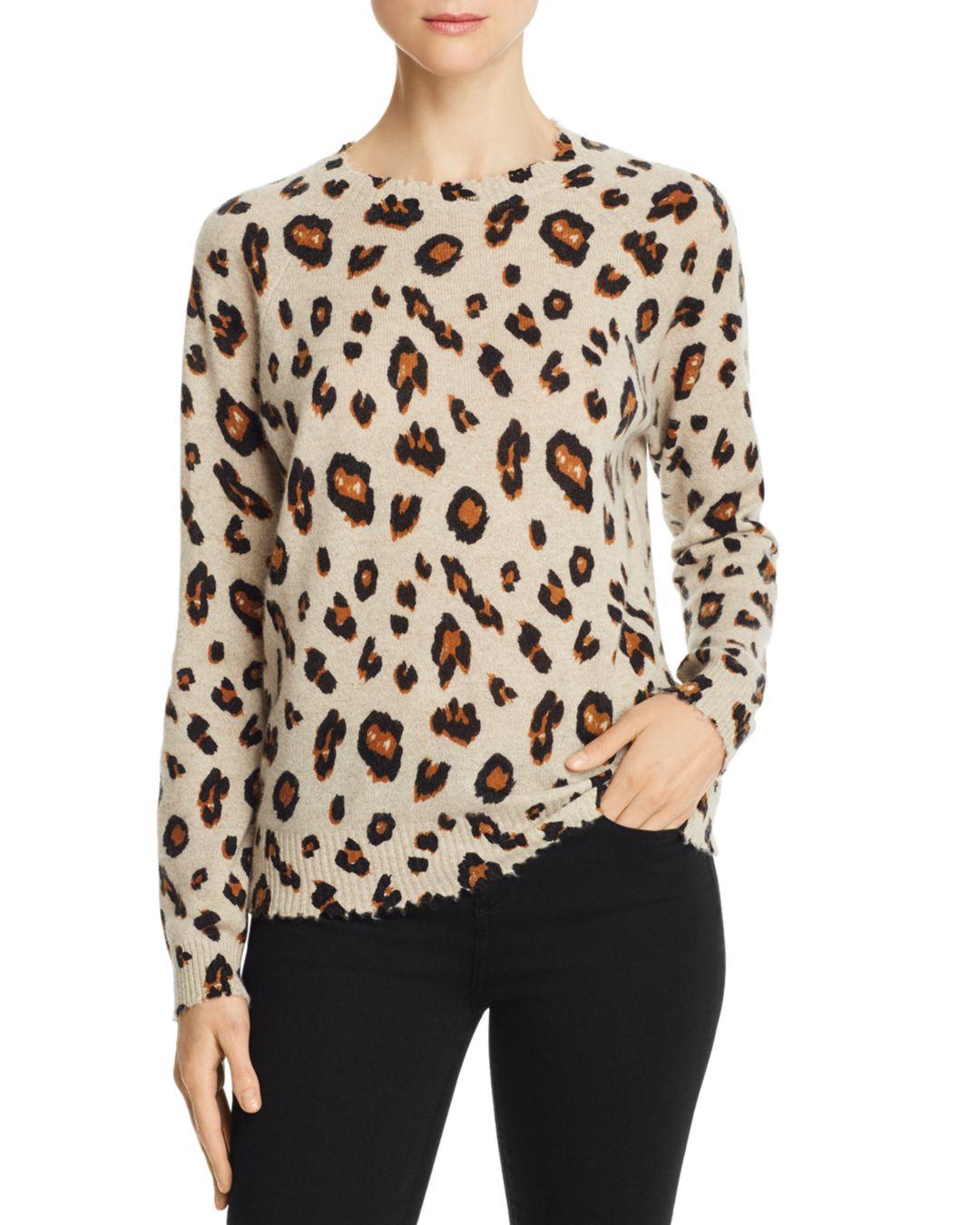 Minnie Rose Distressed - Trim Leopard Print Cashmere Sweater - Lyst