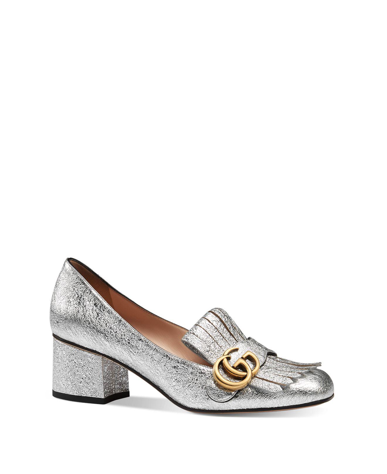 gucci silver marmont mid heels