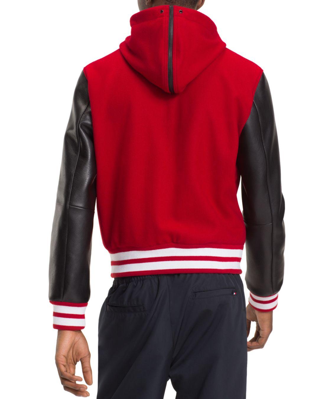 Tommy Hilfiger Leather Hooded Varsity Jacket in Red for Men | Lyst