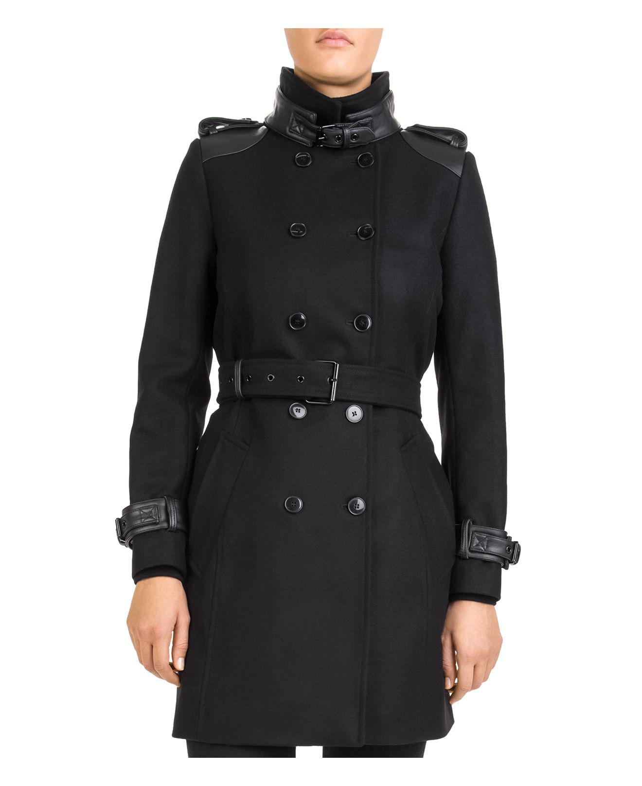The Kooples Double-breasted Leather-trimmed Coat in Black | Lyst