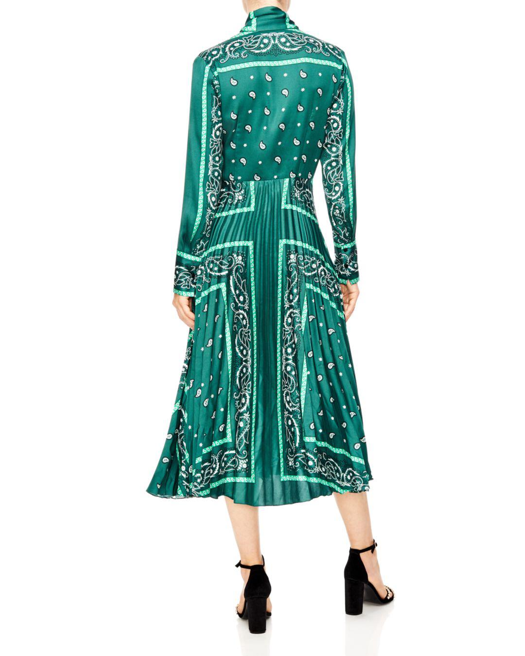 Sandro Pleated Printed Satin-twill Midi Dress in Green Lyst UK