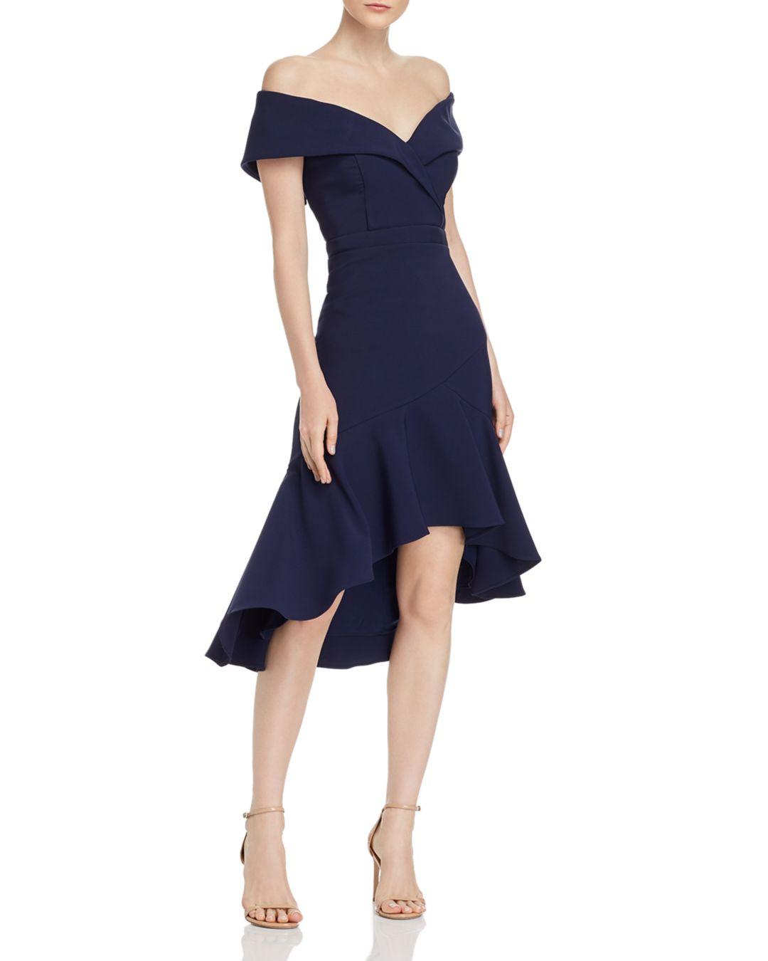 Aqua Synthetic Off - The - Shoulder Crepe Midi Dress in Navy (Blue) - Lyst