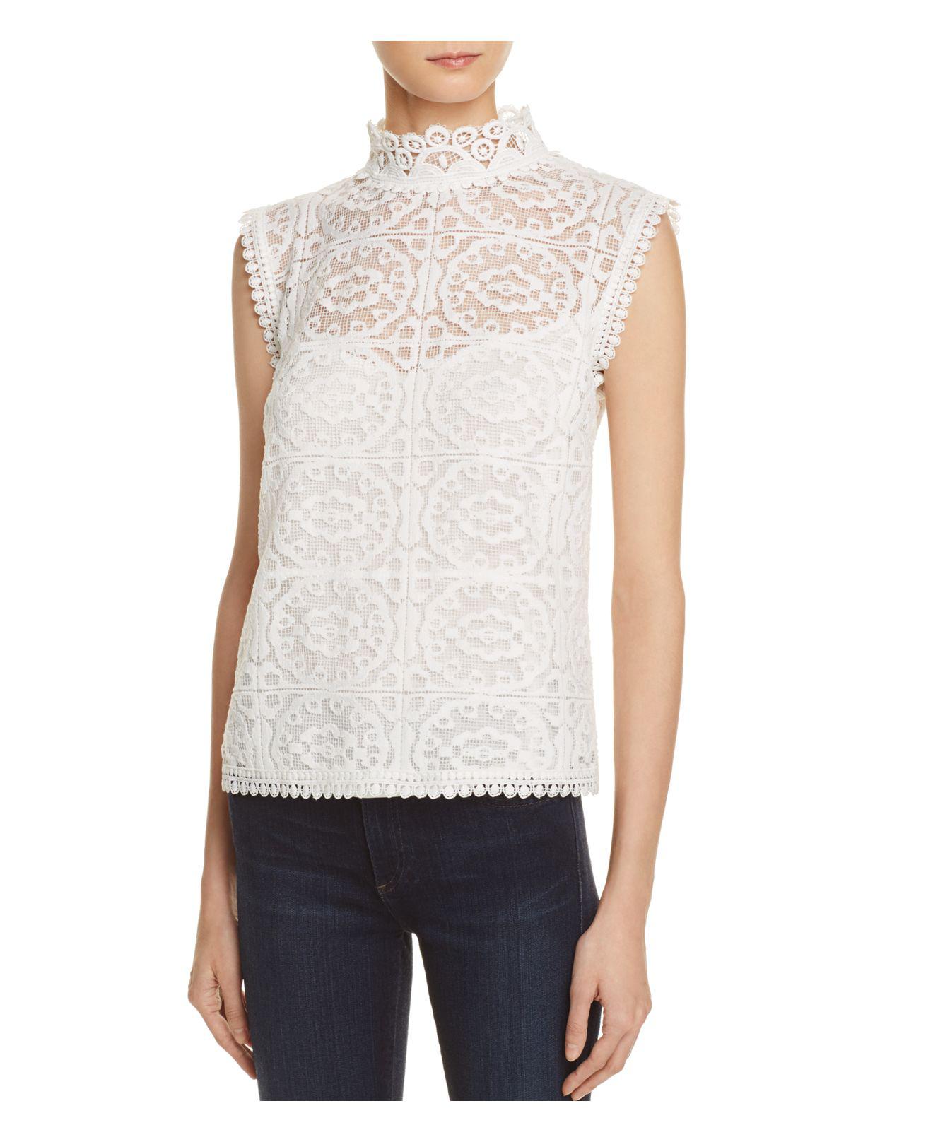 Aqua Lace Mock Neck Sleeveless Top in White | Lyst