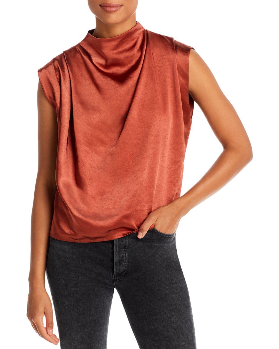Line & Dot Synthetic Dolly Draped Mock Neck Top in Rust (Orange 