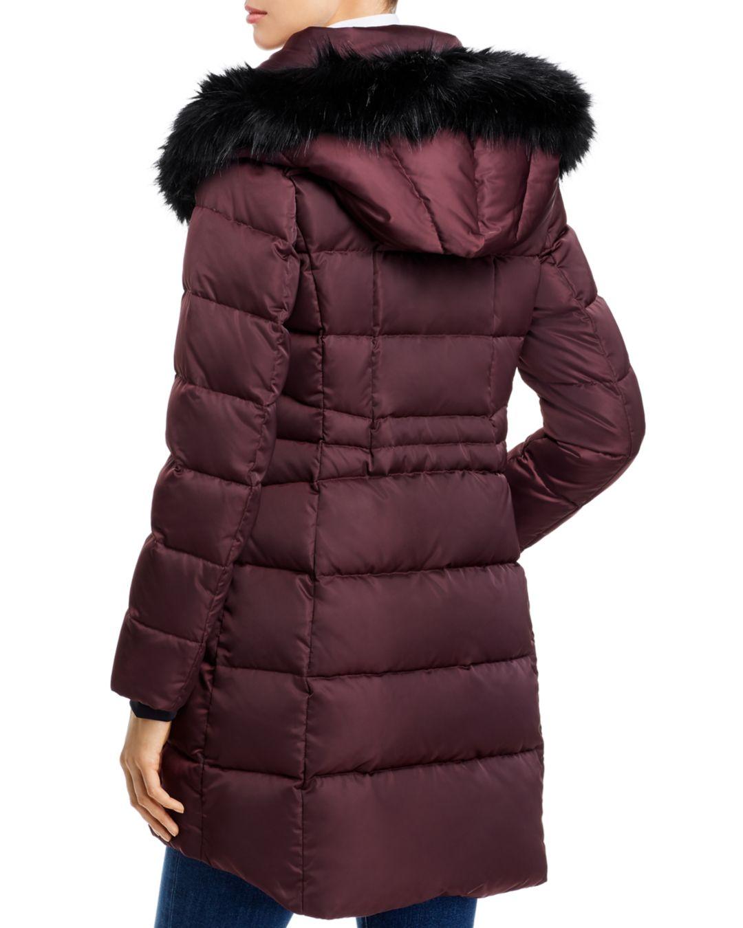 tahari faux fur trim hooded bib zip puffer jacket