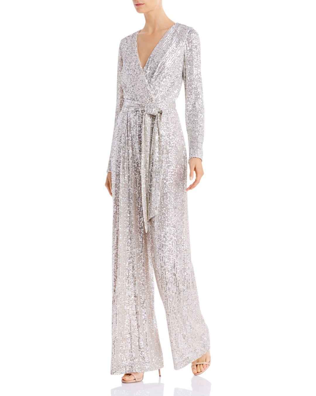 Eliza J Synthetic Sequined Faux - Wrap Jumpsuit in Silver (Metallic) - Lyst