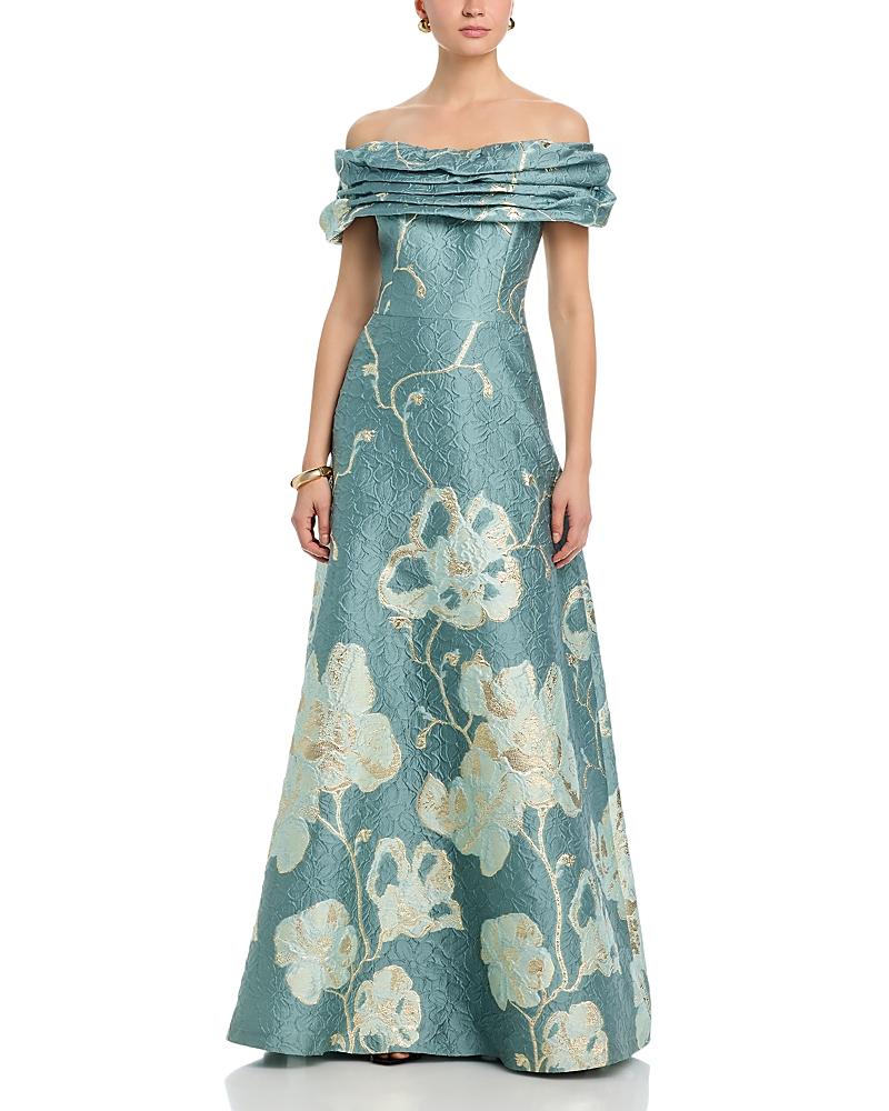 sage green dress wedding Pebble Jacquard 3D Flower Off The Shoulder Gown – Terijon.com main image 1