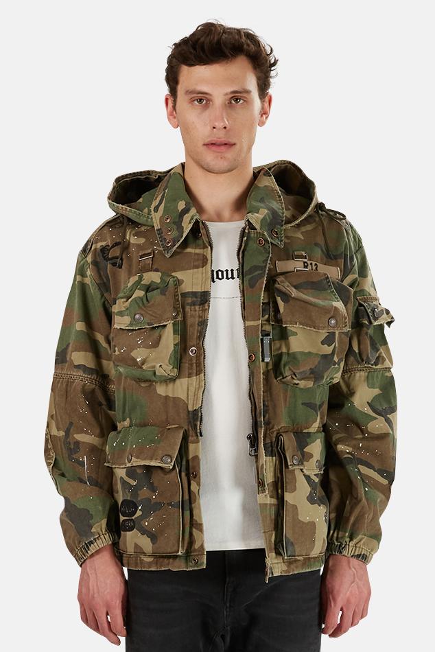R13 Cotton Distressed Camouflage Hooded Field Jacket Size M in Green ...