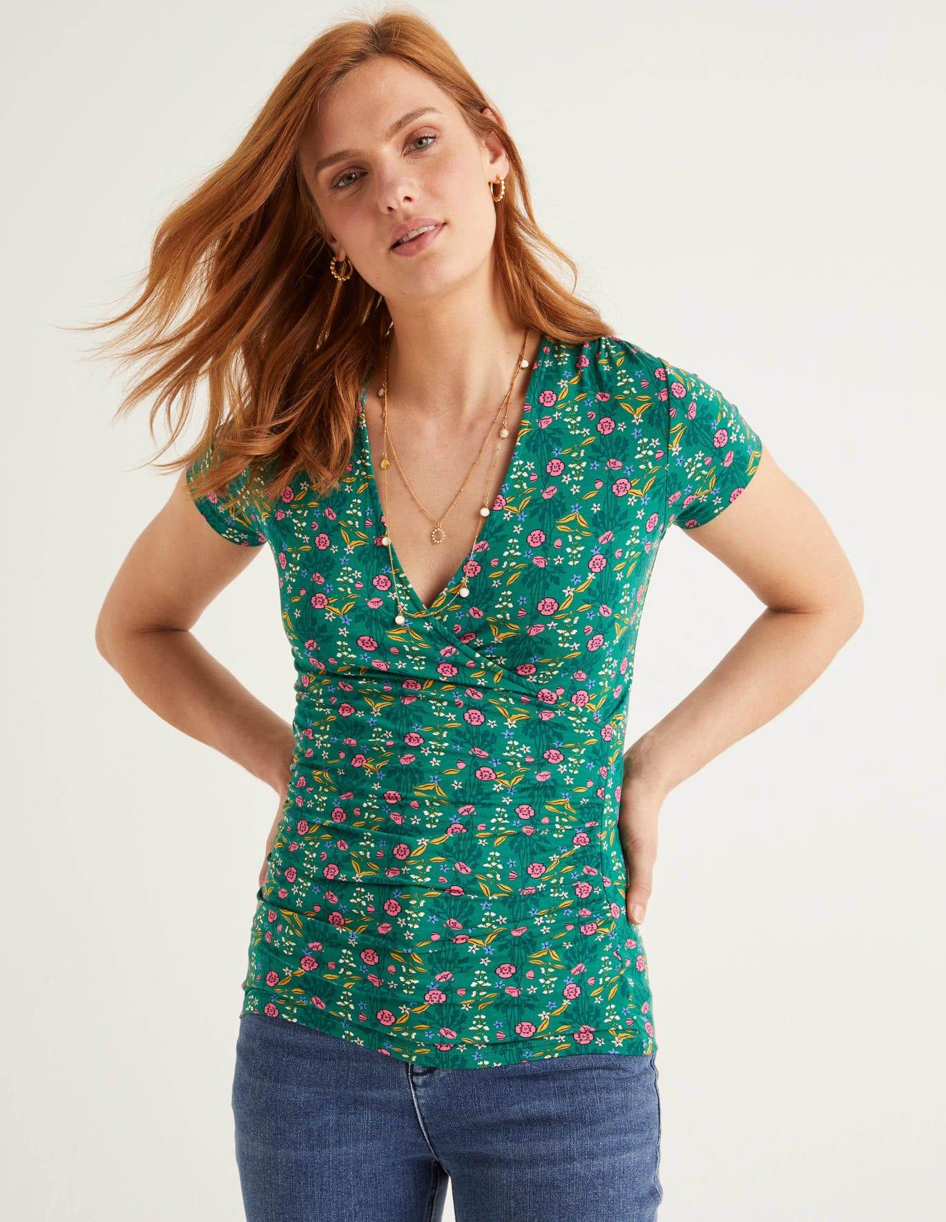 Boden Synthetic Short Sleeve Jersey Wrap Top Forest, Garden Charm in