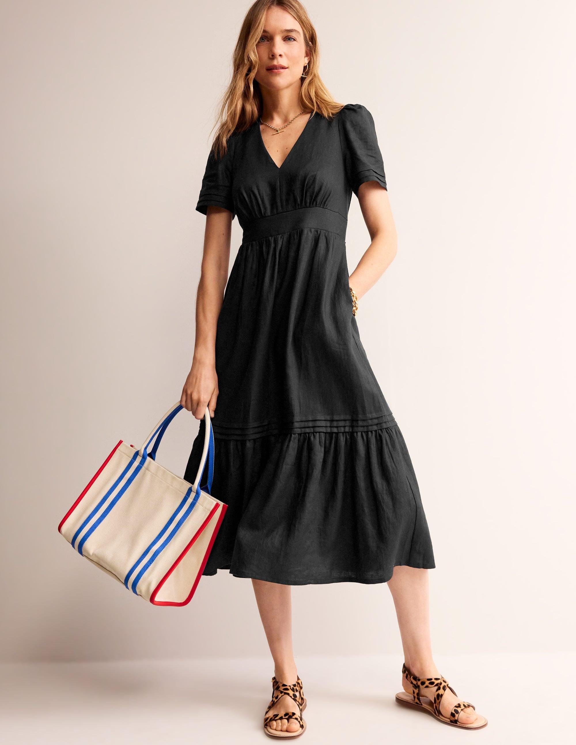 Boden Eve Linen Midi Dress in Black | Lyst