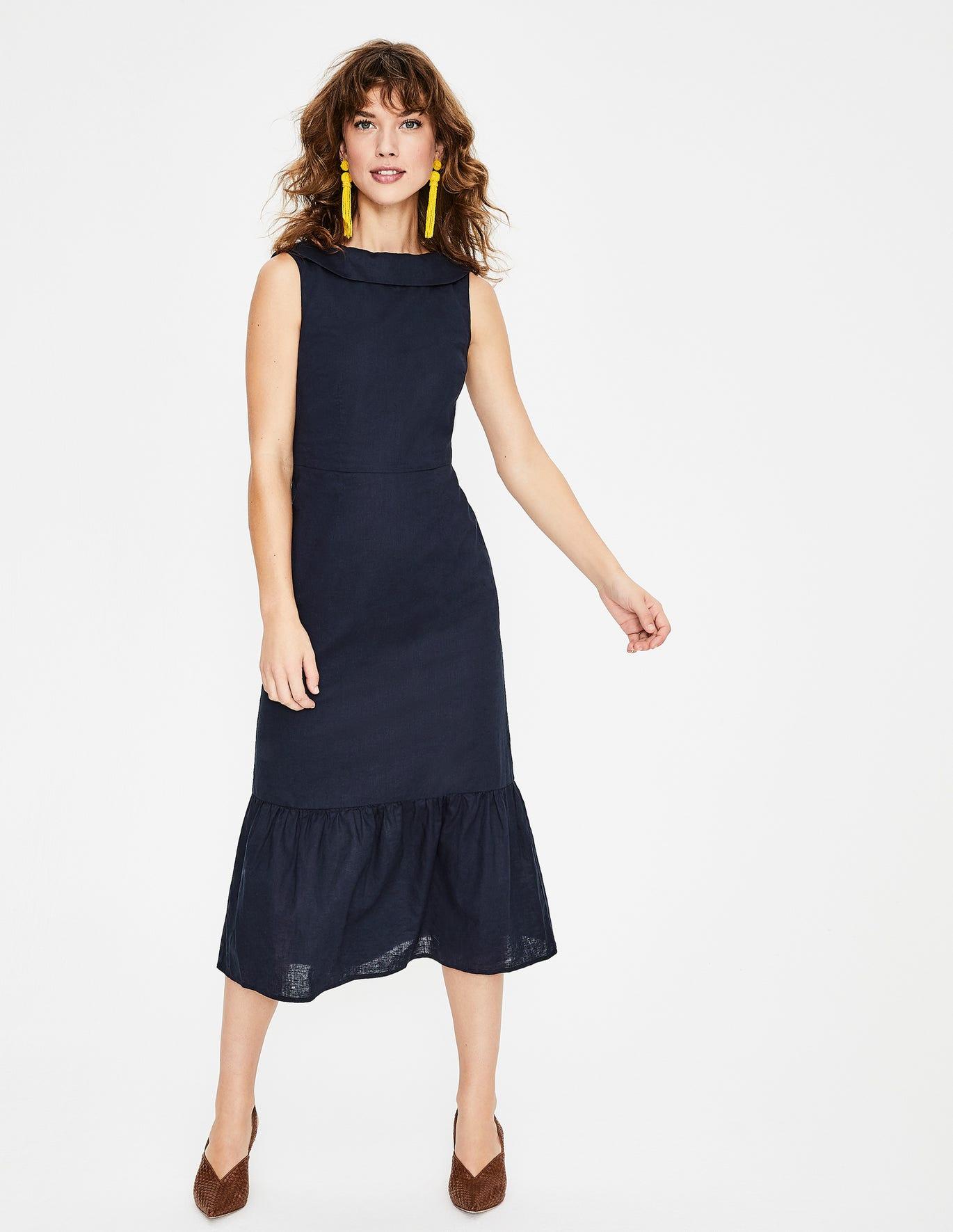 Boden Linen Clarice Midi Dress in Navy (Blue) - Lyst