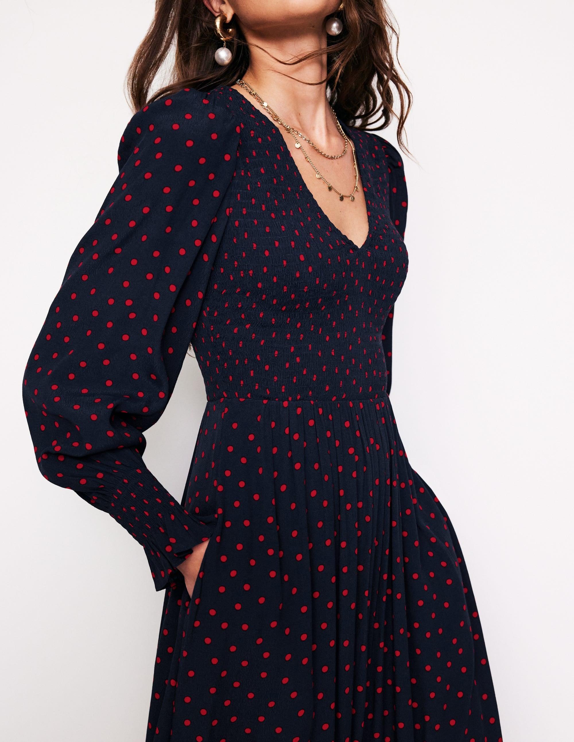 Boden Gemma Smocked Midi Dress-High Risk, Abstract Dot in Blue | Lyst