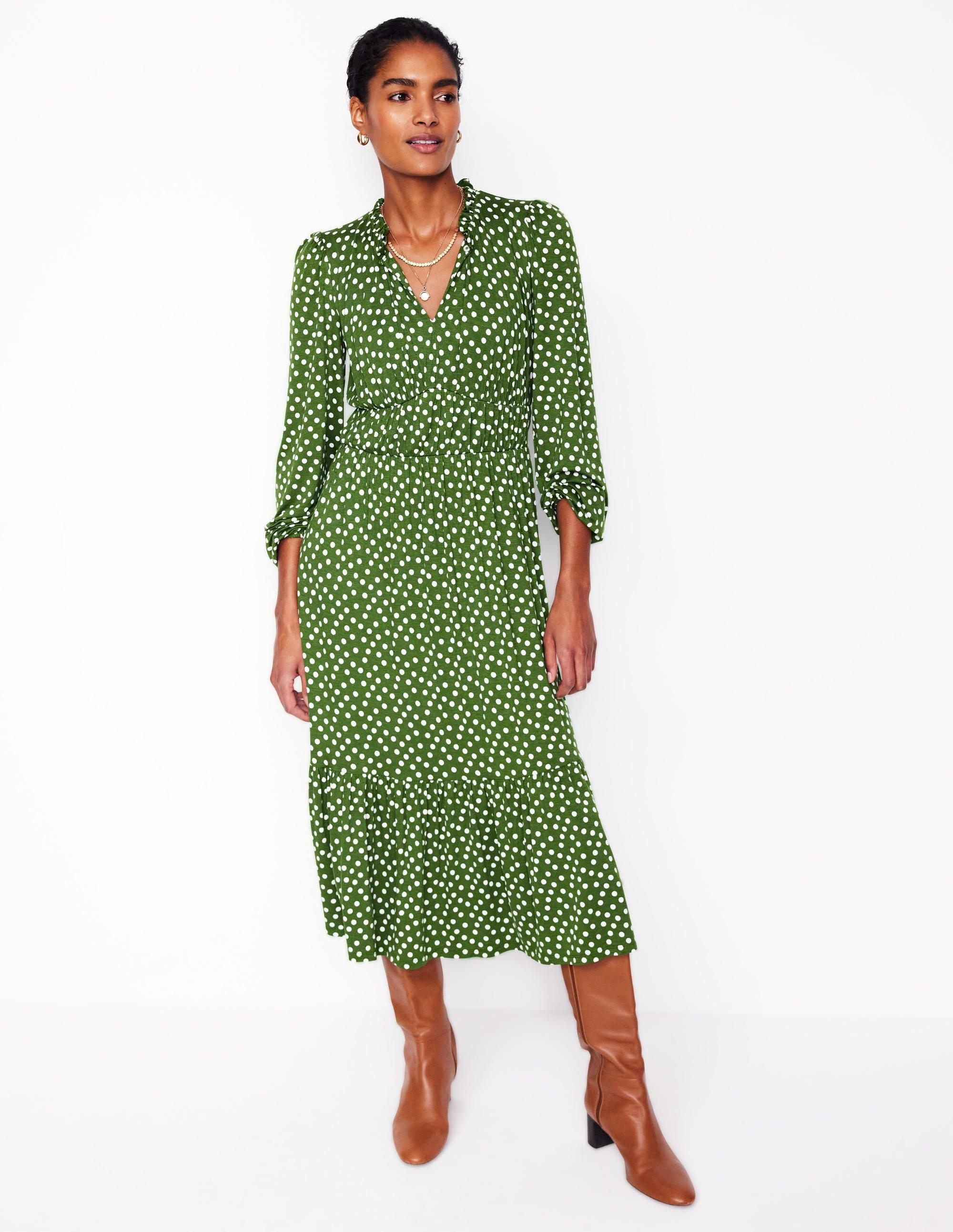 slim fit dress slacks Marcia Jersey Shirt Dress-Hunter Green, Painted Dot