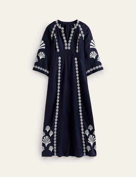 Boden Una Linen Embroidered Dressnavy in Blue | Lyst