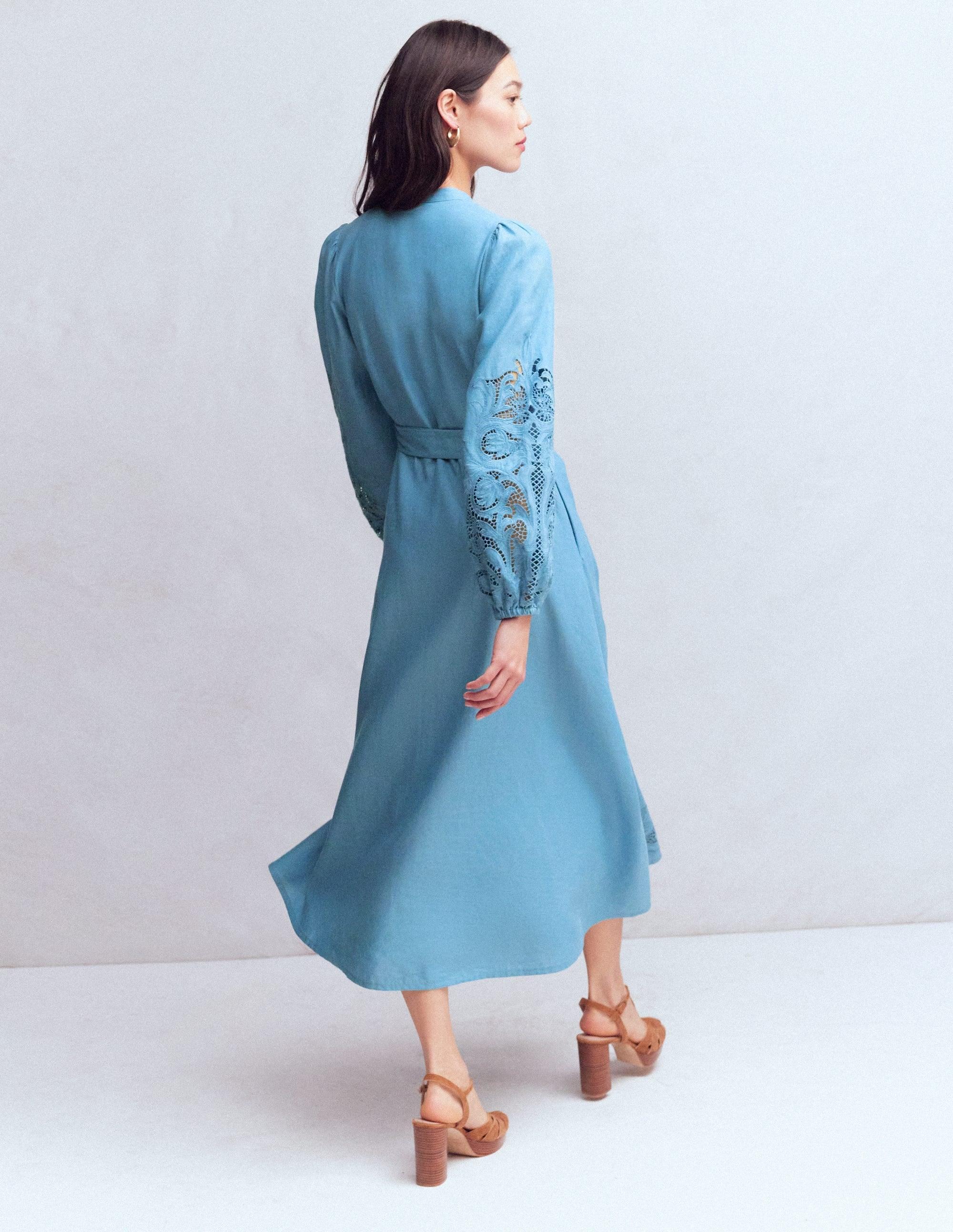 boden light blue dress Elena Tiered Cotton Midi Dress-Blue, Ornamental Floral