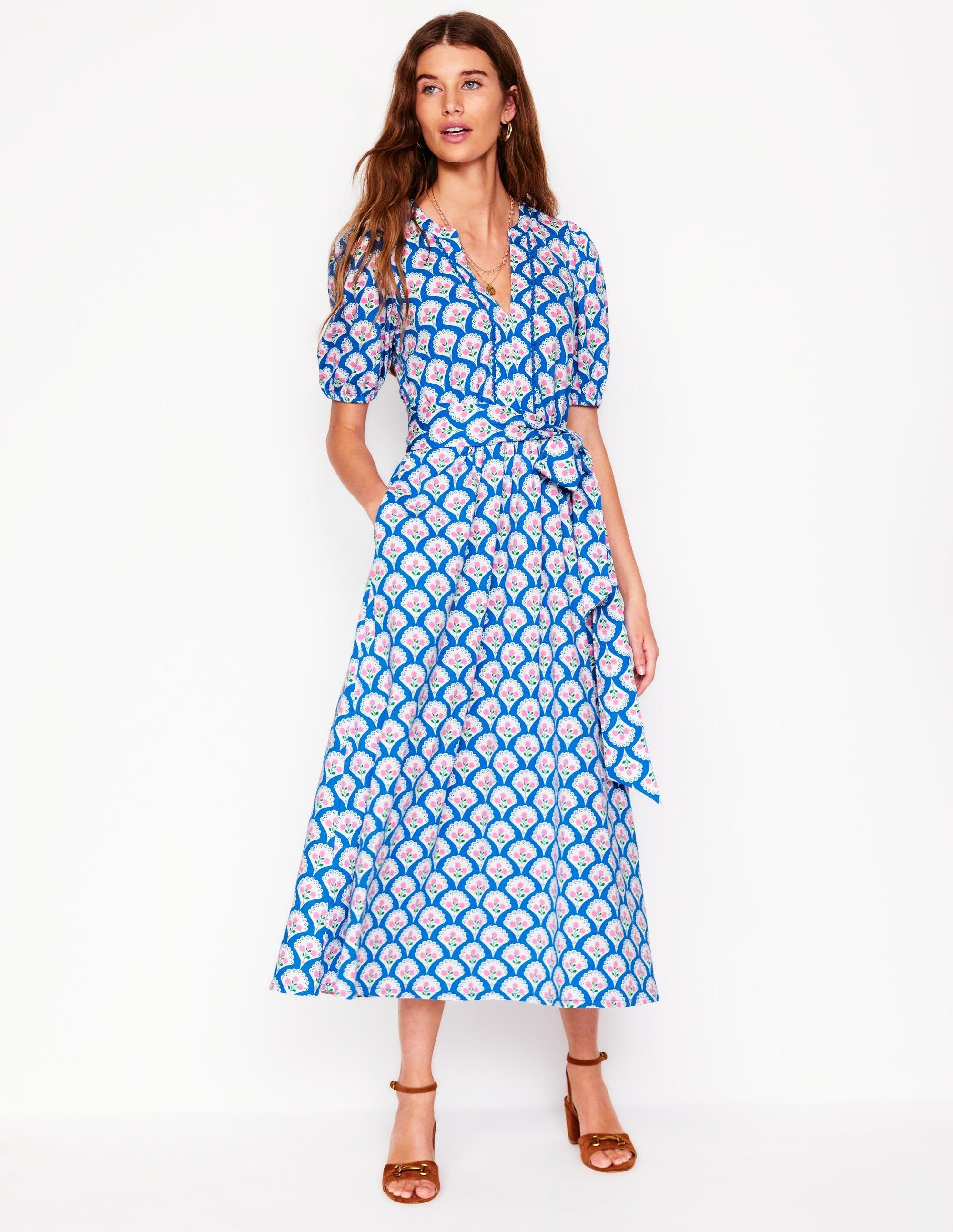boden puff sleeve jersey midi dress Sofia Trim in Blue Grouping:RevisedMD