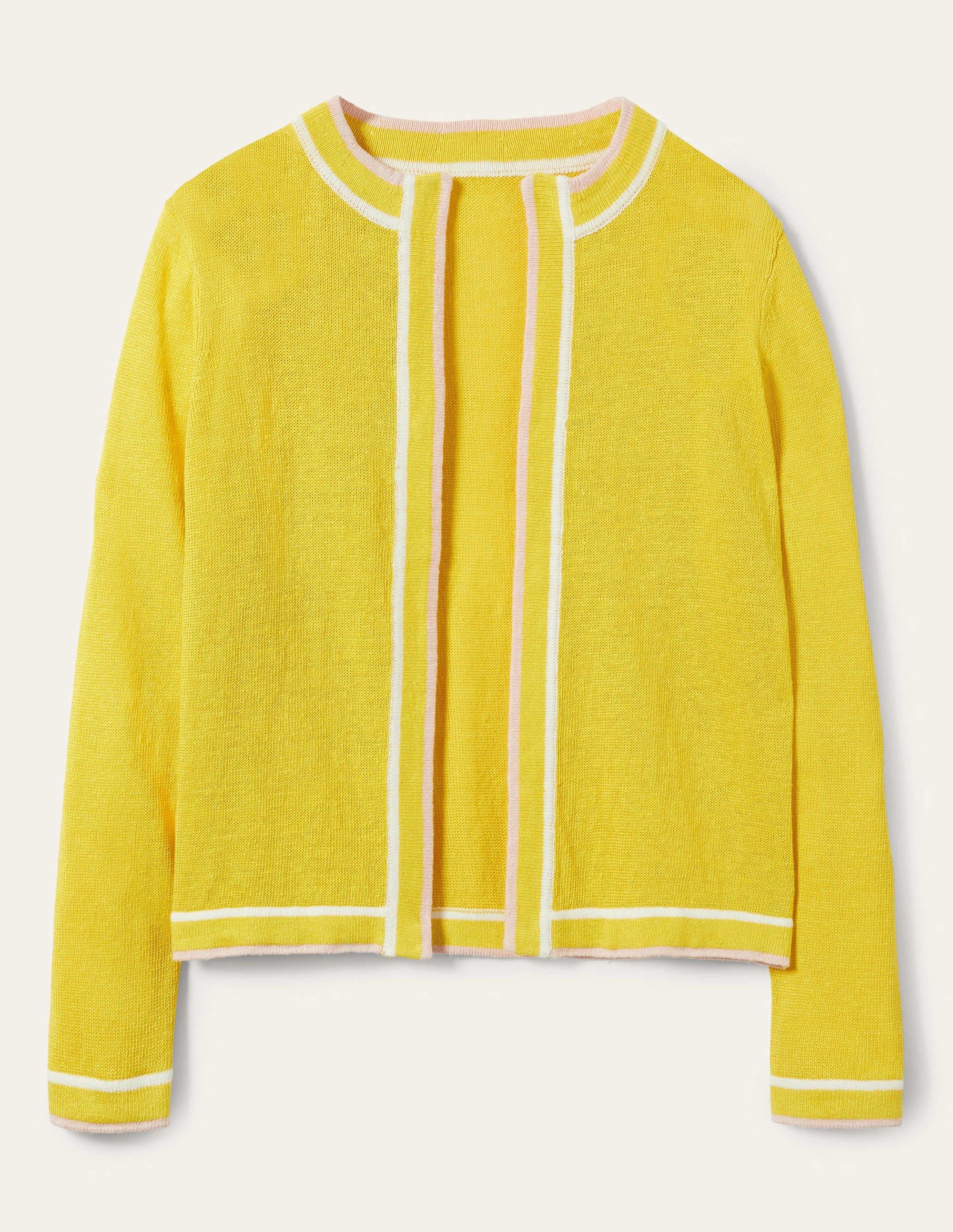 Boden Stripe Trim Linen Cardigan Yellow 