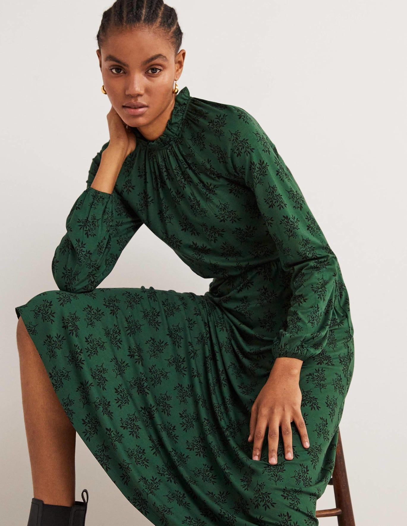 Boden Ruffle Neck Jersey Midi Dress in Green | Lyst