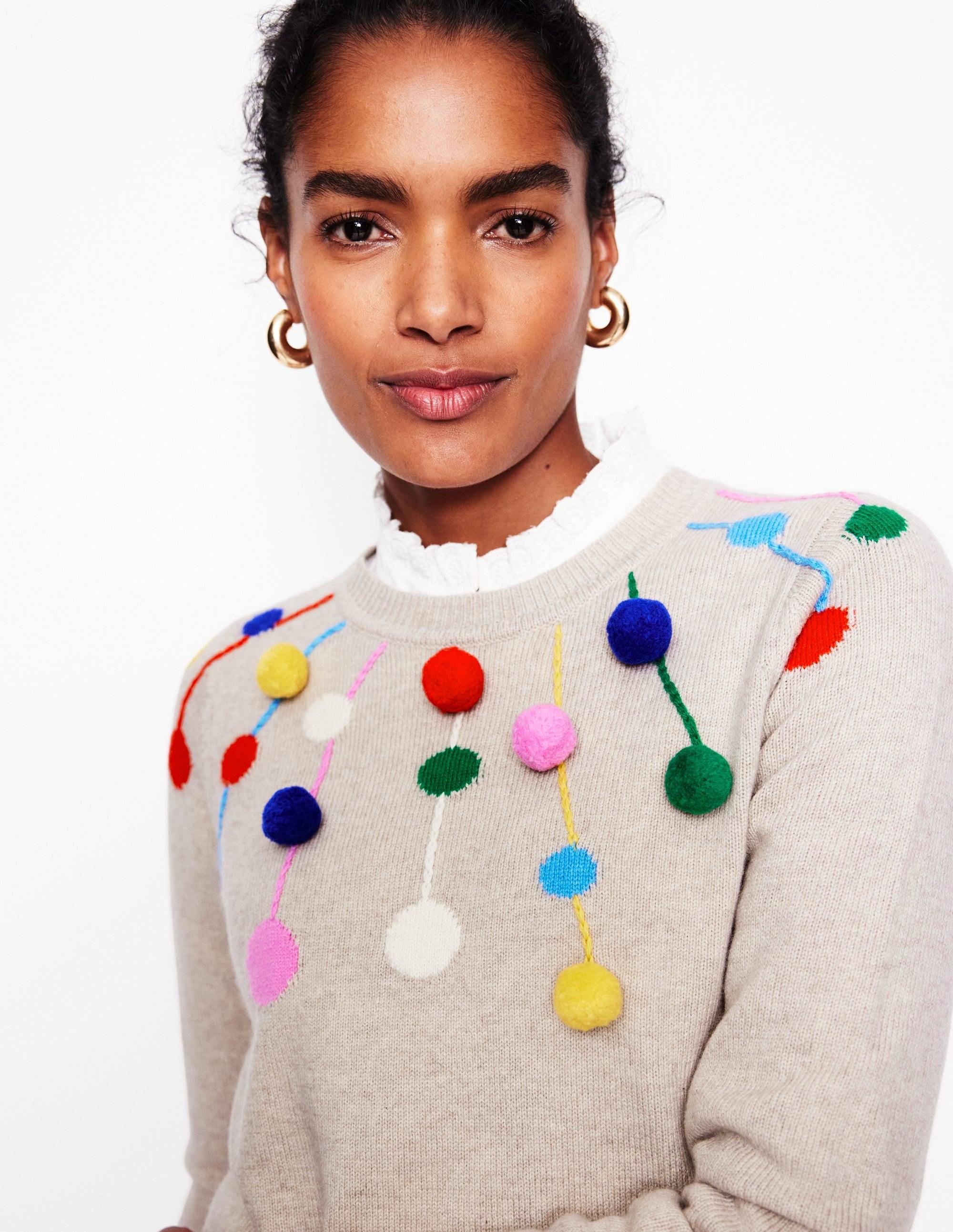 Boden Pom Pom Jumper-Oatmeal, Multi Poms in White Lyst UK