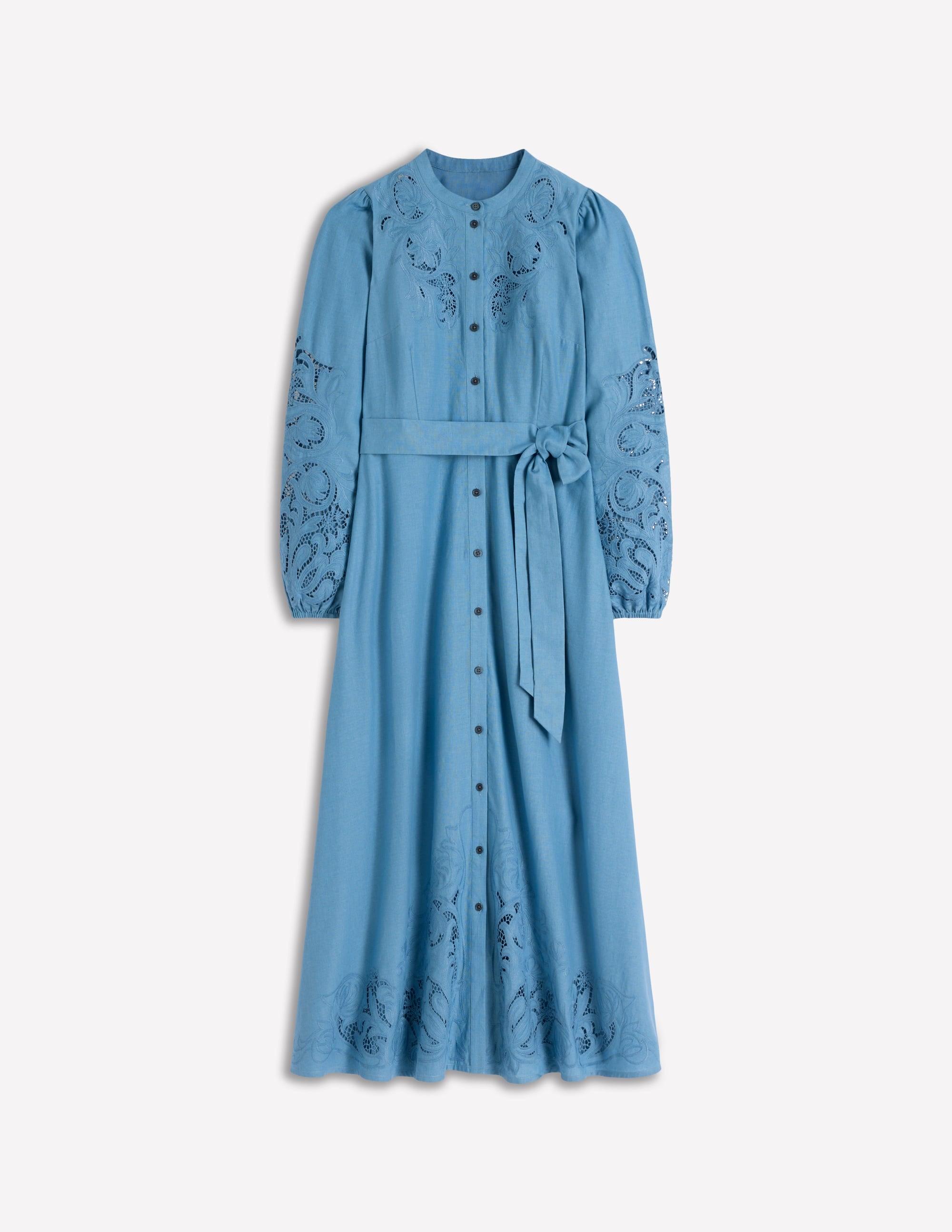 embroidered floral shift dress Boden Women's Ava Linen Blend Midi Dress in Blue