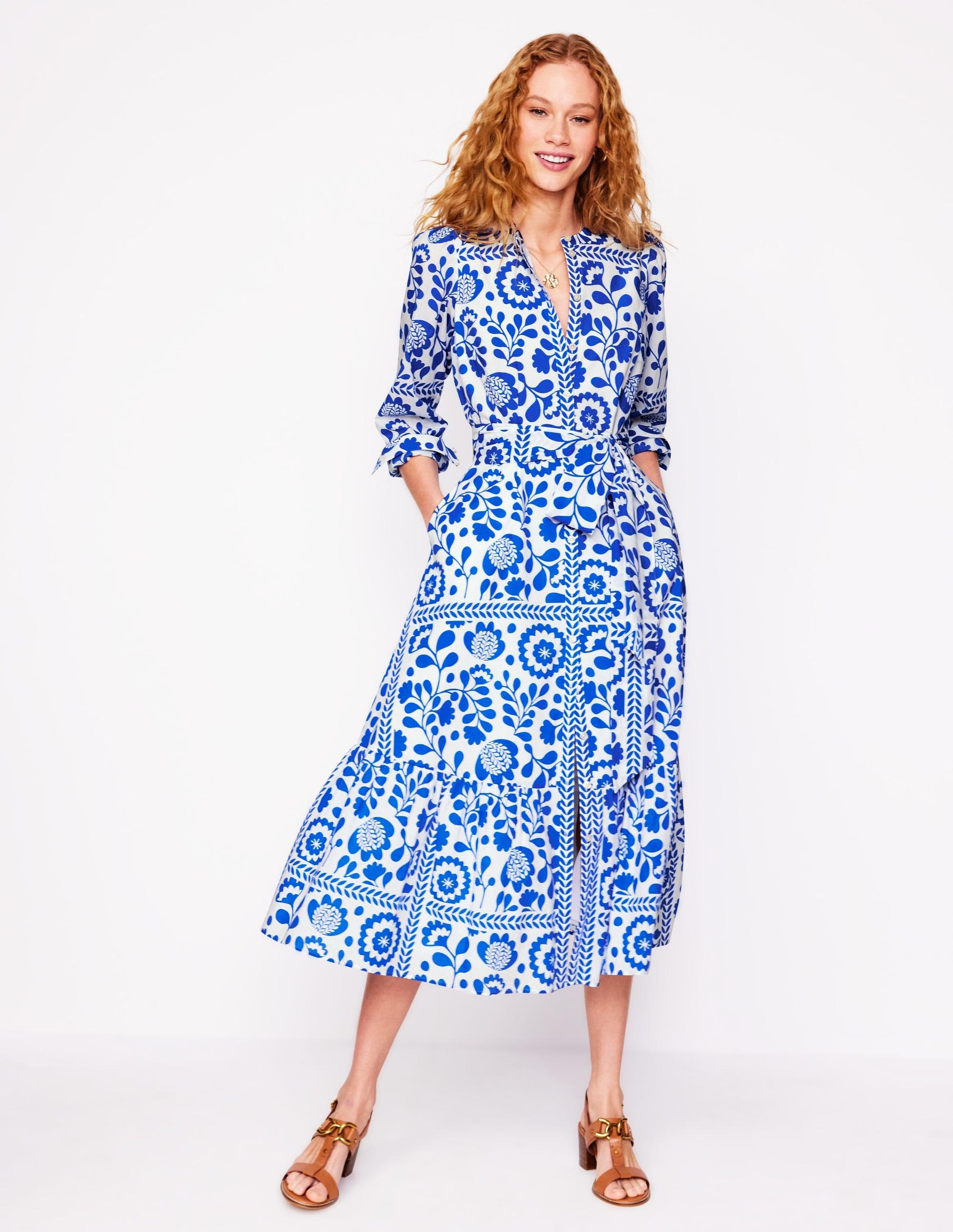 Robe-Chemise Mia À Volants-Bleu Galerie, Motif Vine Tile Boden en